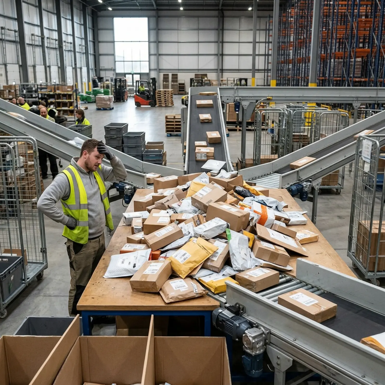 B2B-Logistikzentrum: Retourenpakete laufen auf Förderband zu, Mitarbeiter wirkt überfordert