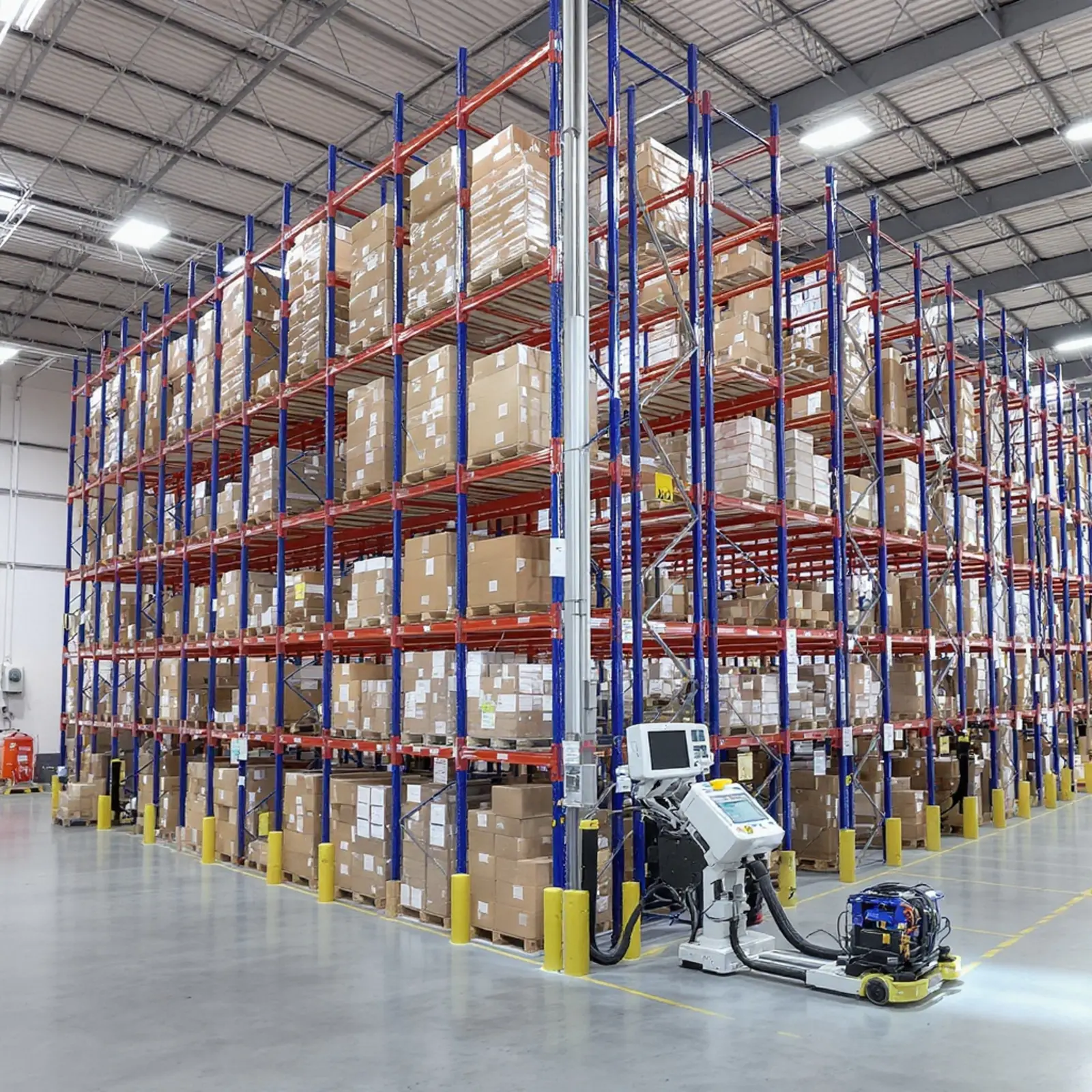 Entrepôt automatisé ultramoderne à rayonnages en hauteur, équipé de navettes, de convoyeurs et de tableaux de bord (SAP EWM/WMS)