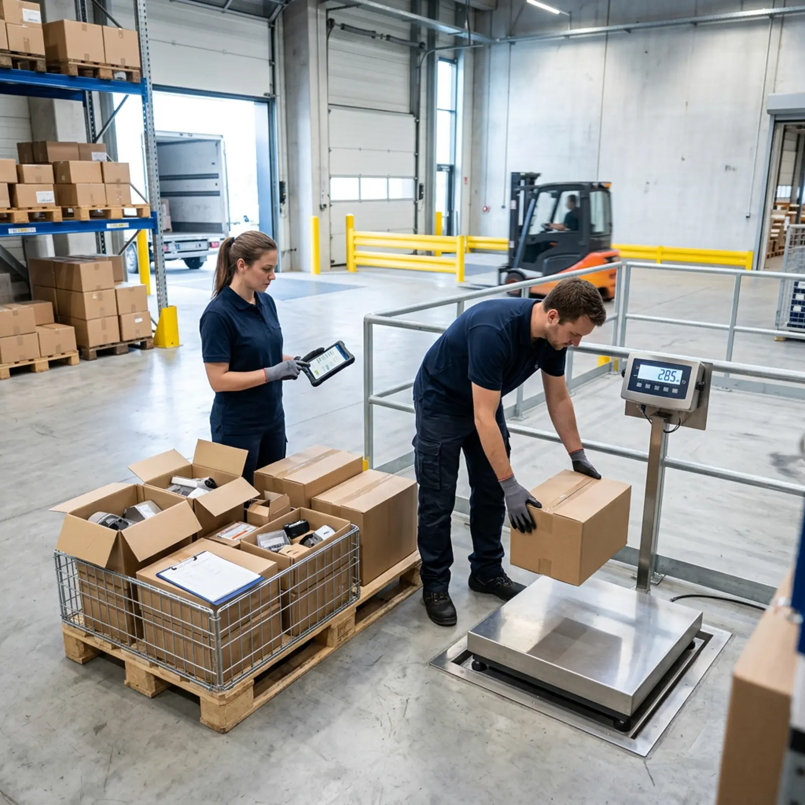 Un employé pèse le carton sur la balance à colis installée à la table d'emballage et vérifie que le contenu correspond bien à celui de la palette.