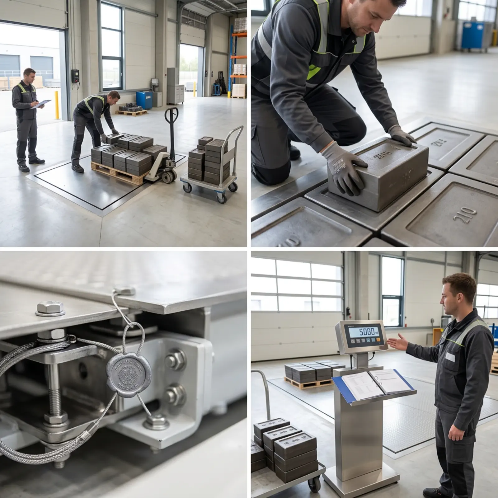 Balance industrielle neuve, munie d'une étiquette d'étalonnage et de poids de contrôle ; un technicien procède à la vérification (gros plan)