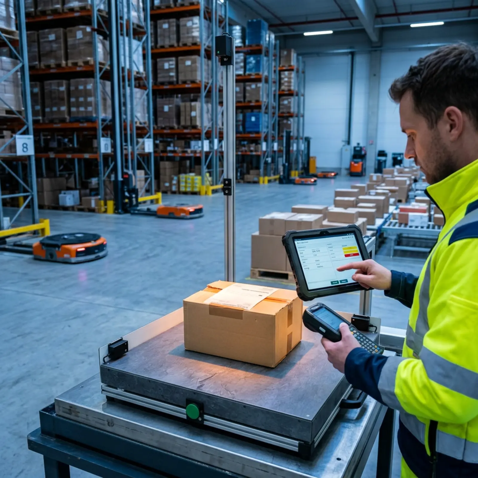 A warehouse worker checks incoming packages at the logistics center, comparing their dimensions and weight.