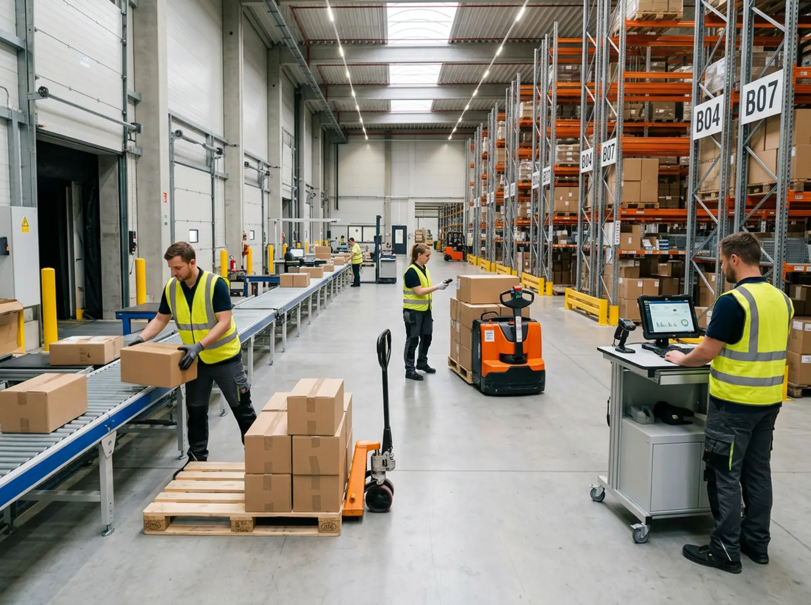 Lager-Outbound-Team: eine Person lädt, eine Person pickt, eine Person überwacht Ausnahmen.