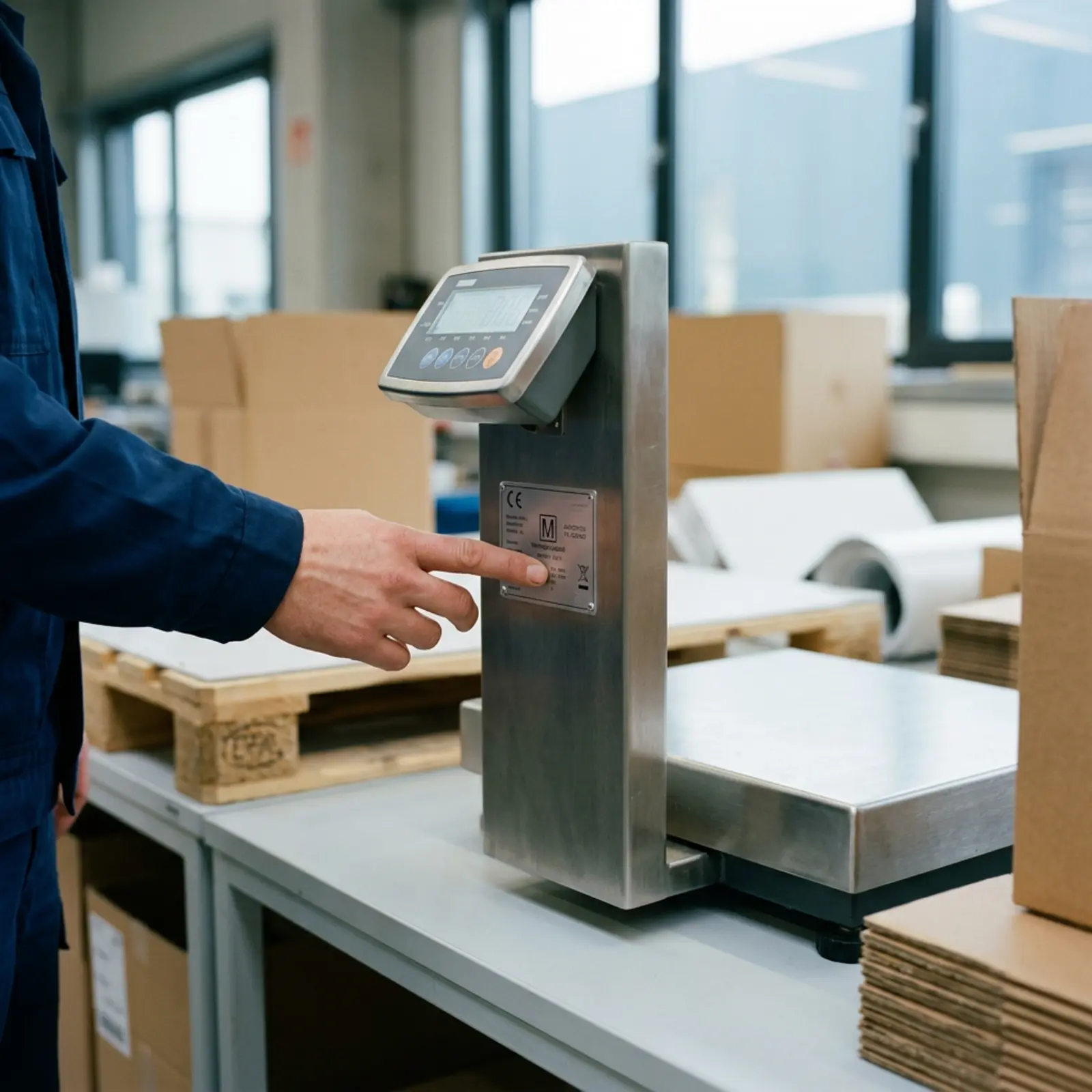 Un employé touche la plaque du fabricant sur la balance à colis de la table d'emballage ; l'accent est mis sur les données de conformité.