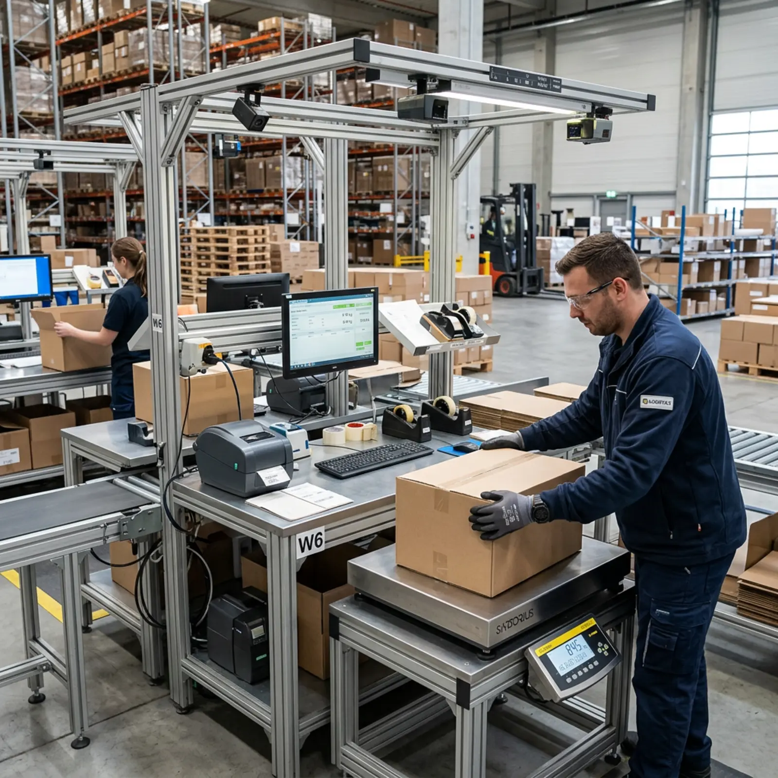 Paket auf integrierter Wiege- und Dimensionsanlage, Mitarbeiter bereitet nächste Lieferung vor