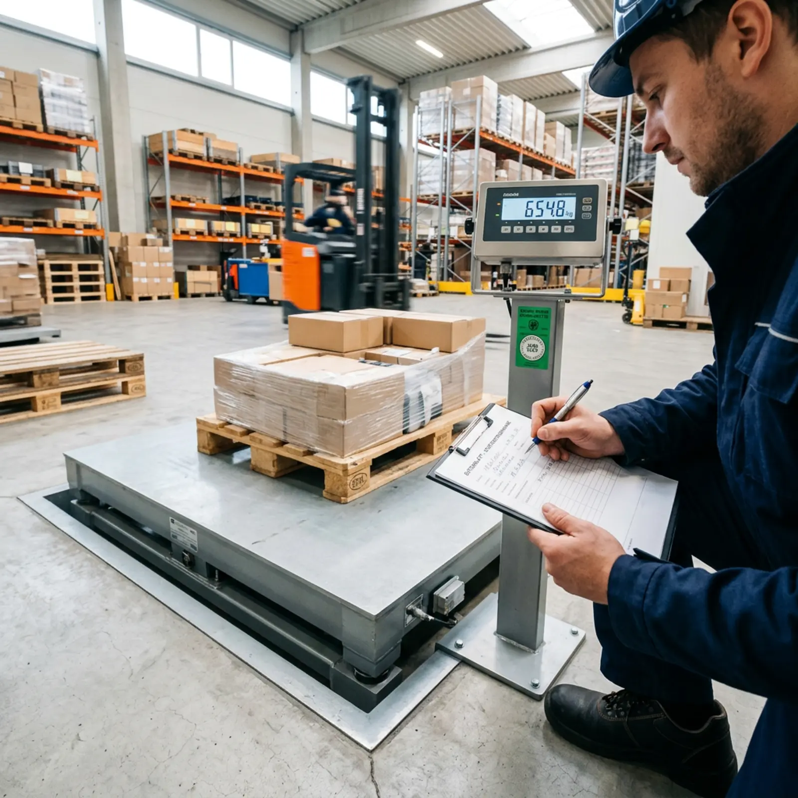 Balance industrielle avec poids de contrôle, vignette d'étalonnage (gros plan) ; un technicien consigne la mise en service