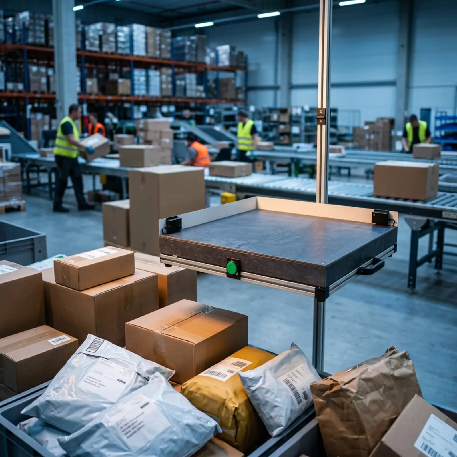 Industrial product photography at the logistics center: sorted shipments, blue lighting.