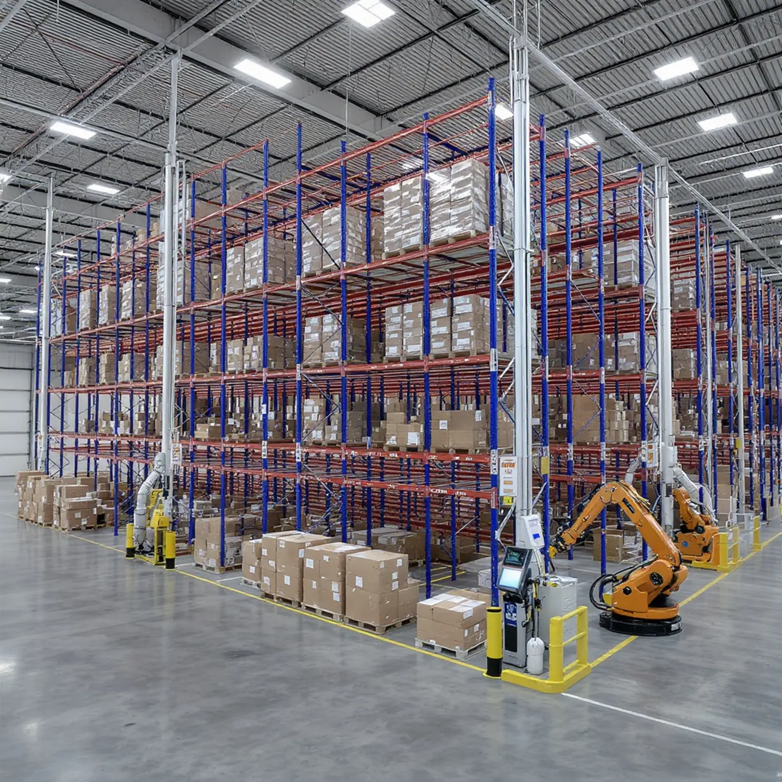 Grand entrepôt automatisé à rayonnages en hauteur avec AS/RS, système de manutention, palettes robotisées et tableau de bord SAP EWM