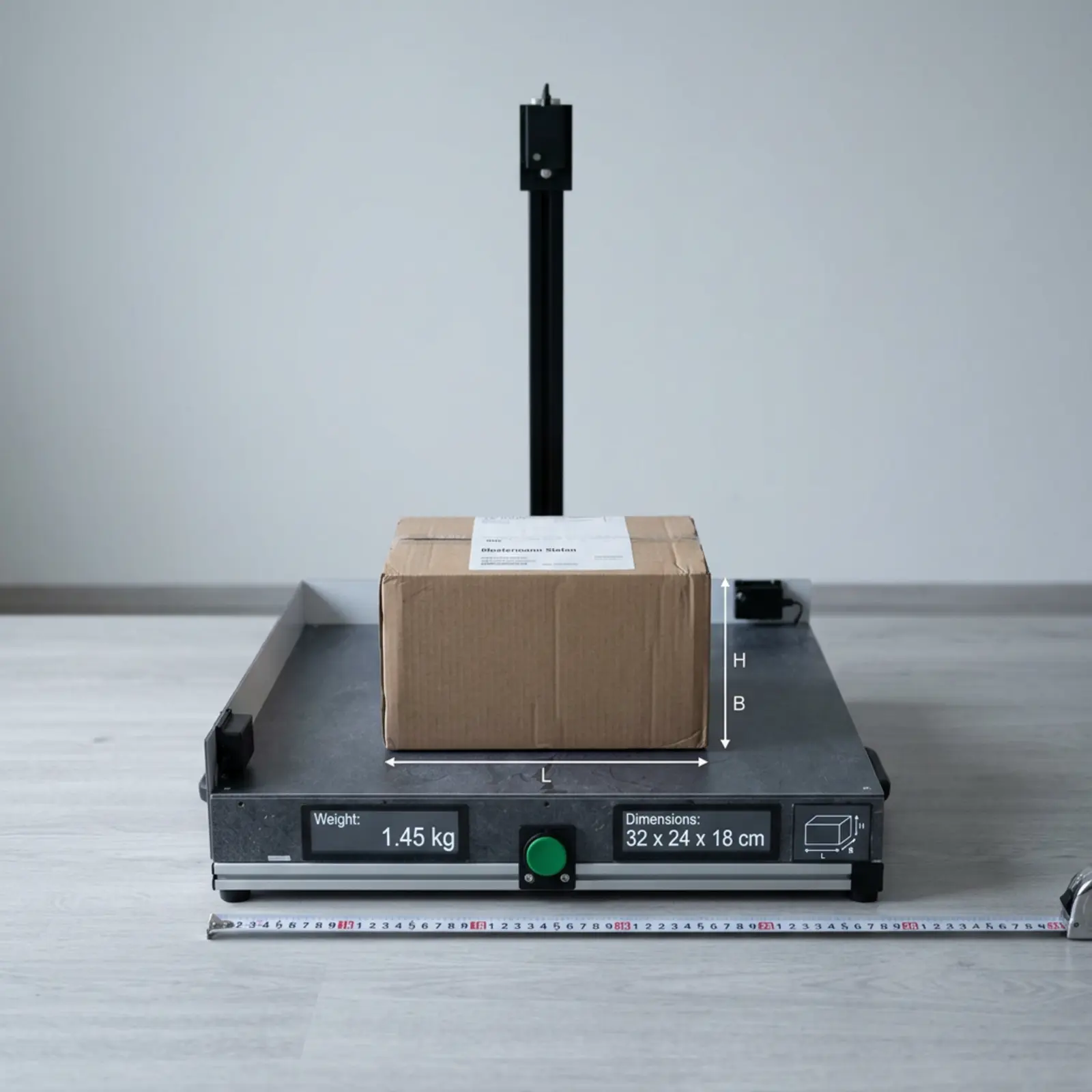 Caja de cartón sobre una báscula digital con cinta métrica y flechas de medida: imagen de infografía técnica