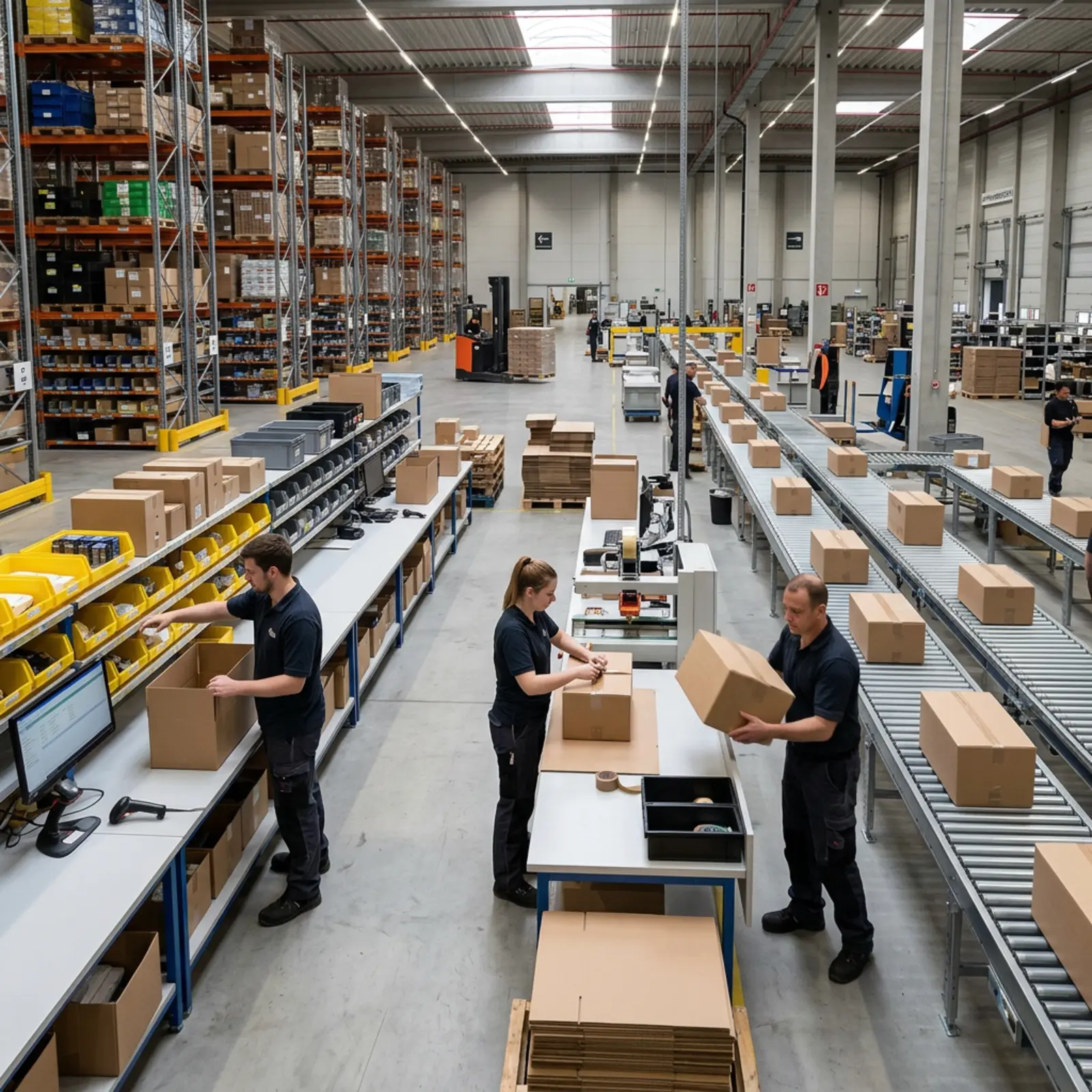 Logistique d'entrepôt : les collaborateurs préparent les commandes, emballent les marchandises et les déposent sur le tapis roulant.