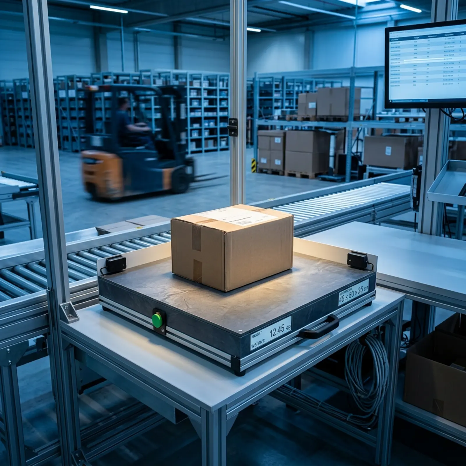 Packaging on a weighing and measuring station at the logistics center; instruments are visible.