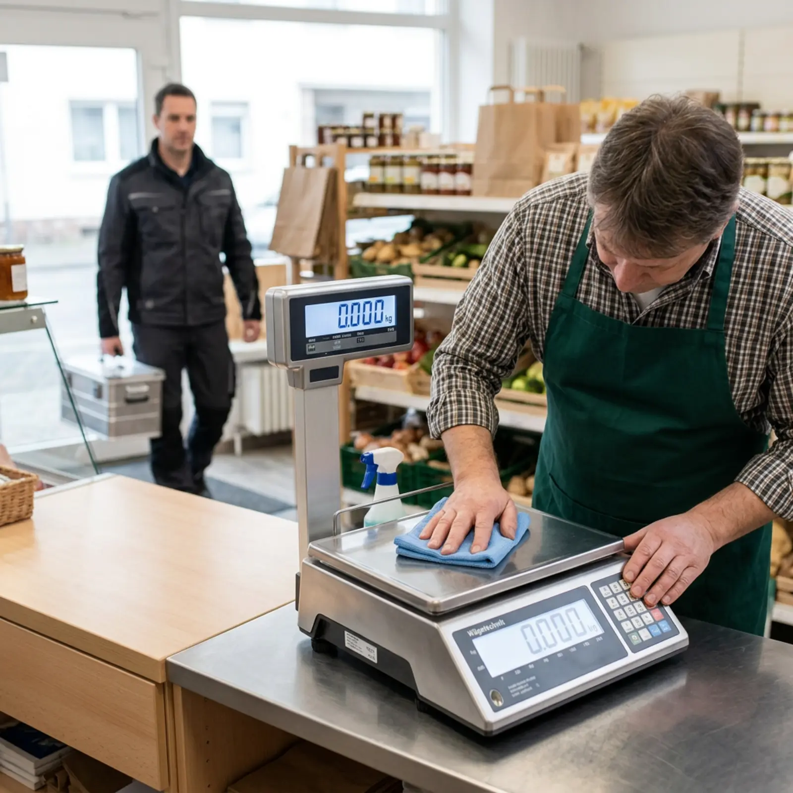 Verkäufer reinigt eine Ladenwaage vor dem Eintreffen eines Prüfers mit Werkzeugkoffer.