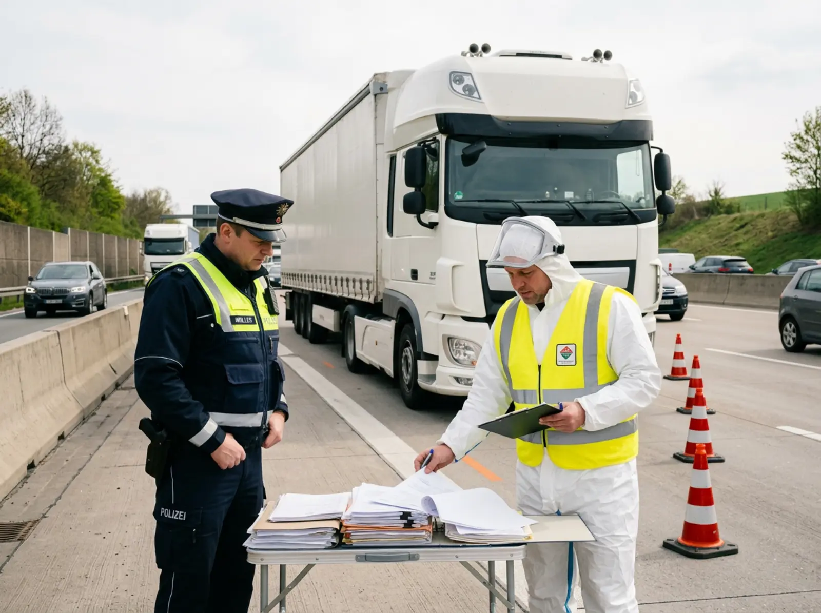 Verkehrspolizei und Gefahrgutinspektor prüfen Dokumente neben Lkw mit Warndreiecken am Straßenrand