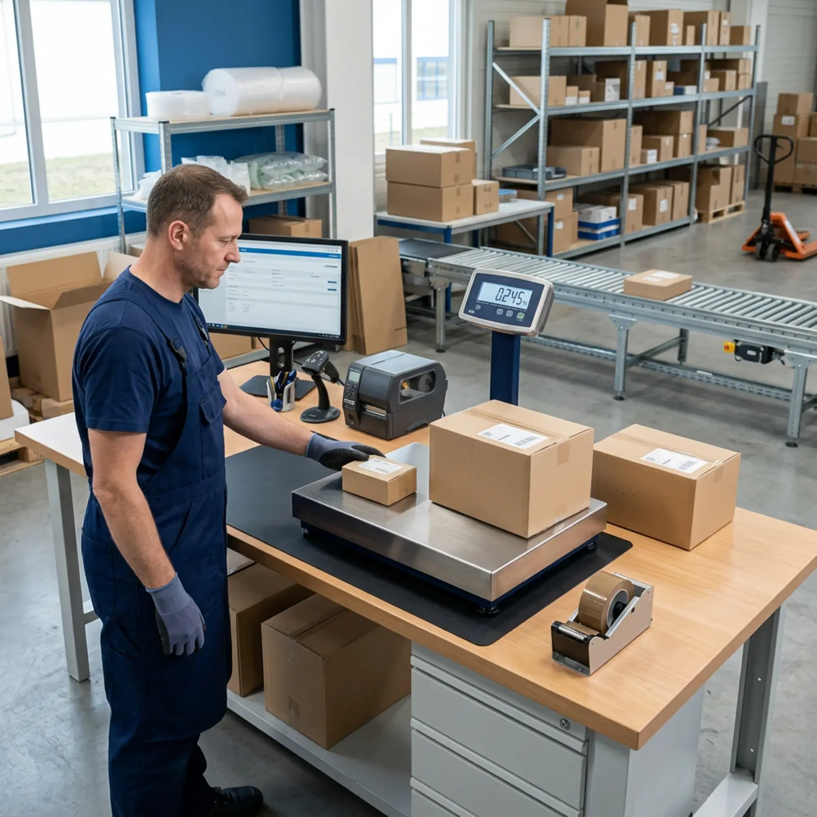 Scène logistique photoréaliste : balance à colis sur la table d'emballage, éclairage neutre, tons bleus.
