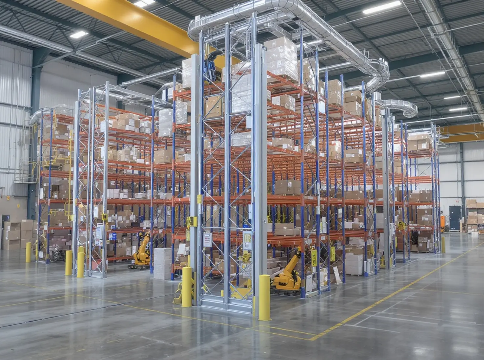 Entrepôt automatisé à rayonnages en hauteur, équipé d'un système de convoyage, de robots et d'un poste de contrôle (SAP EWM/LVS).
