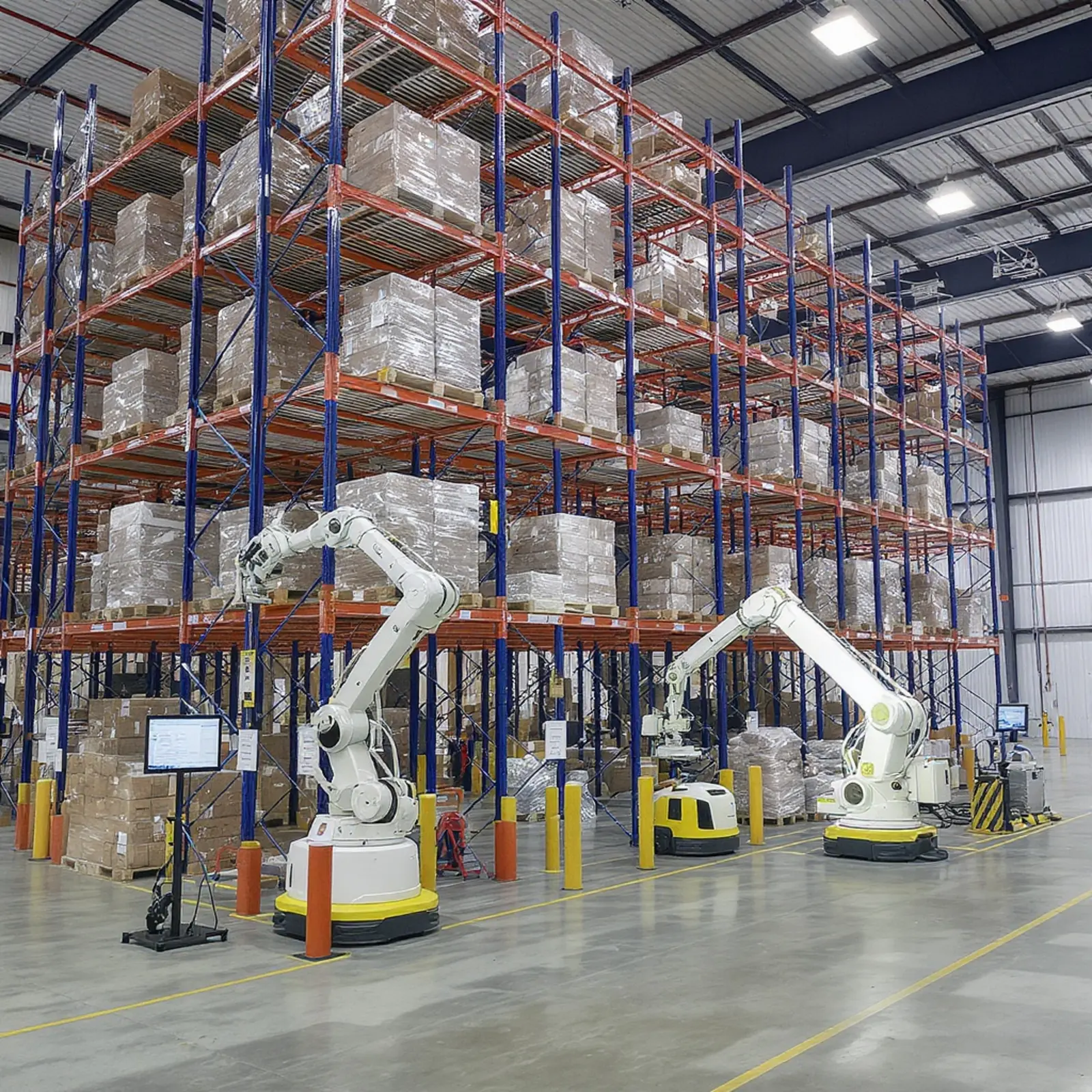Entrepôt automatisé à rayonnages en hauteur équipé de robots AS/RS, d'AGV, de convoyeurs et de tableaux de bord WMS.