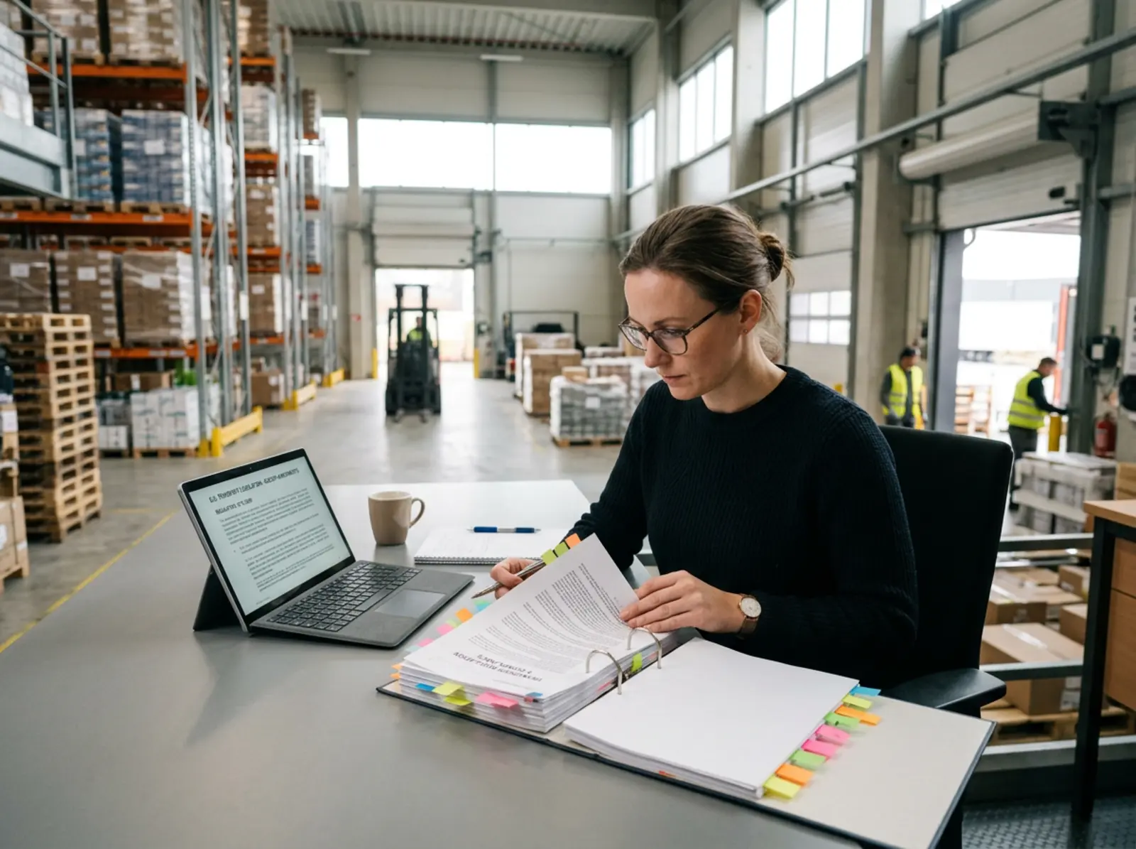 Compliance-Manager prüft regulatorischen Ordner und Transportgesetz auf Laptop im Lagerbüro