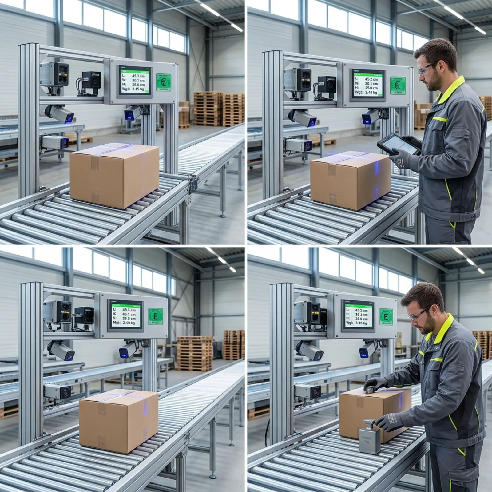 Scène photoréaliste : un technicien vérifie une balance industrielle et les dimensions d'un colis sur un tapis roulant.