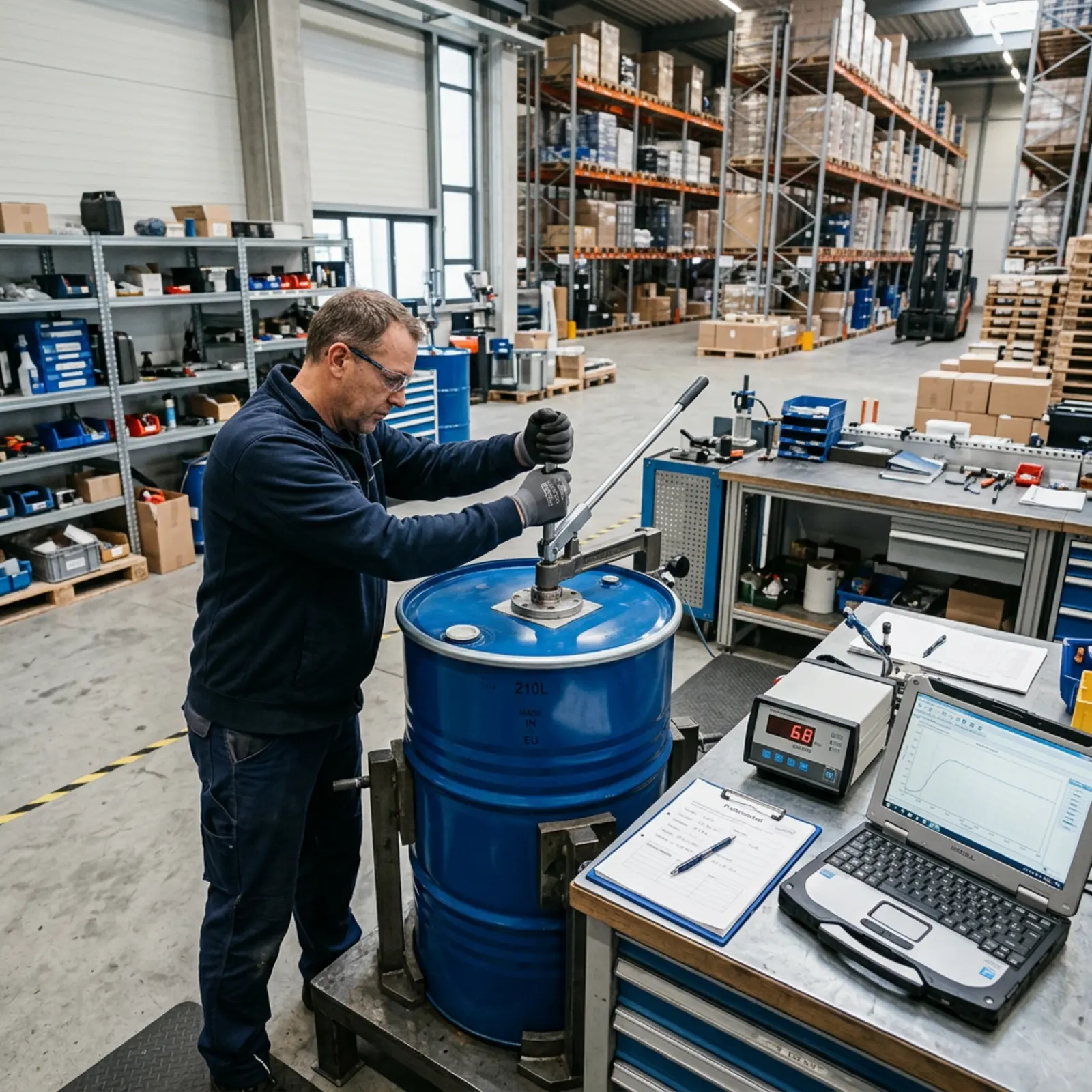 Techniker drückt versiegelte Trommel bei mechanischem Drucktest im Labor mit Messgeräten