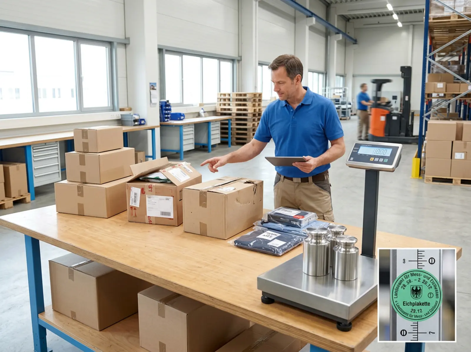 Image photoréaliste : balance industrielle, plaque d'étalonnage ; un responsable logistique vérifie l'état des marchandises