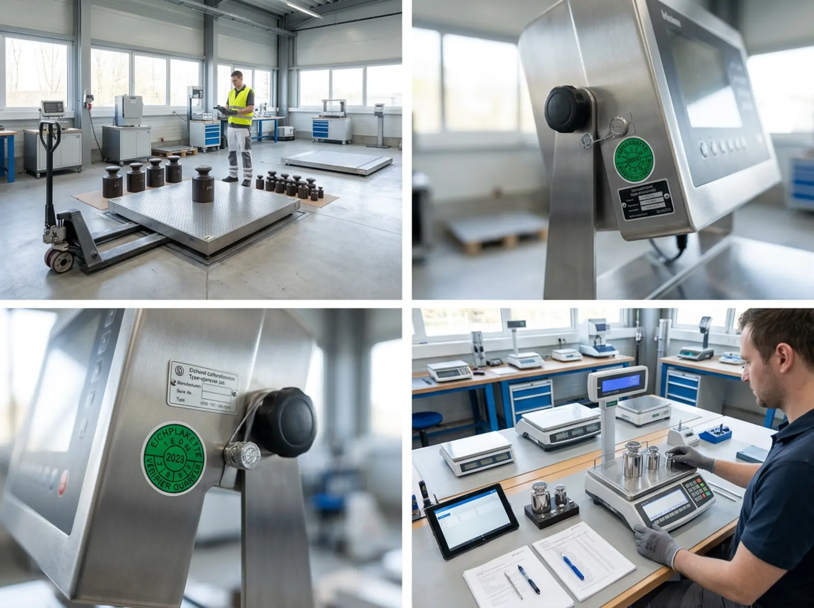 Plusieurs balances de différentes tailles à la lumière du jour ; un technicien vérifie la vignette d'étalonnage.