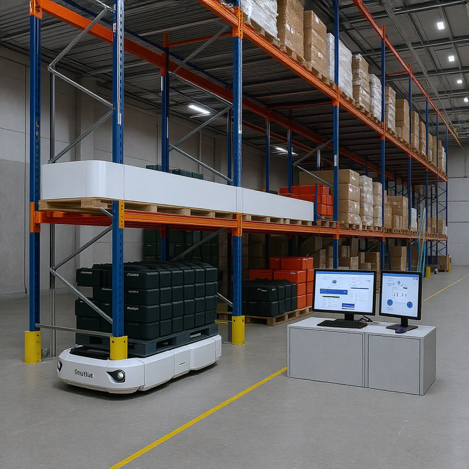 Entrepôt à rayonnages en hauteur équipé de navettes autonomes, de convoyeurs et d'une salle de contrôle dotée de tableaux de bord.
