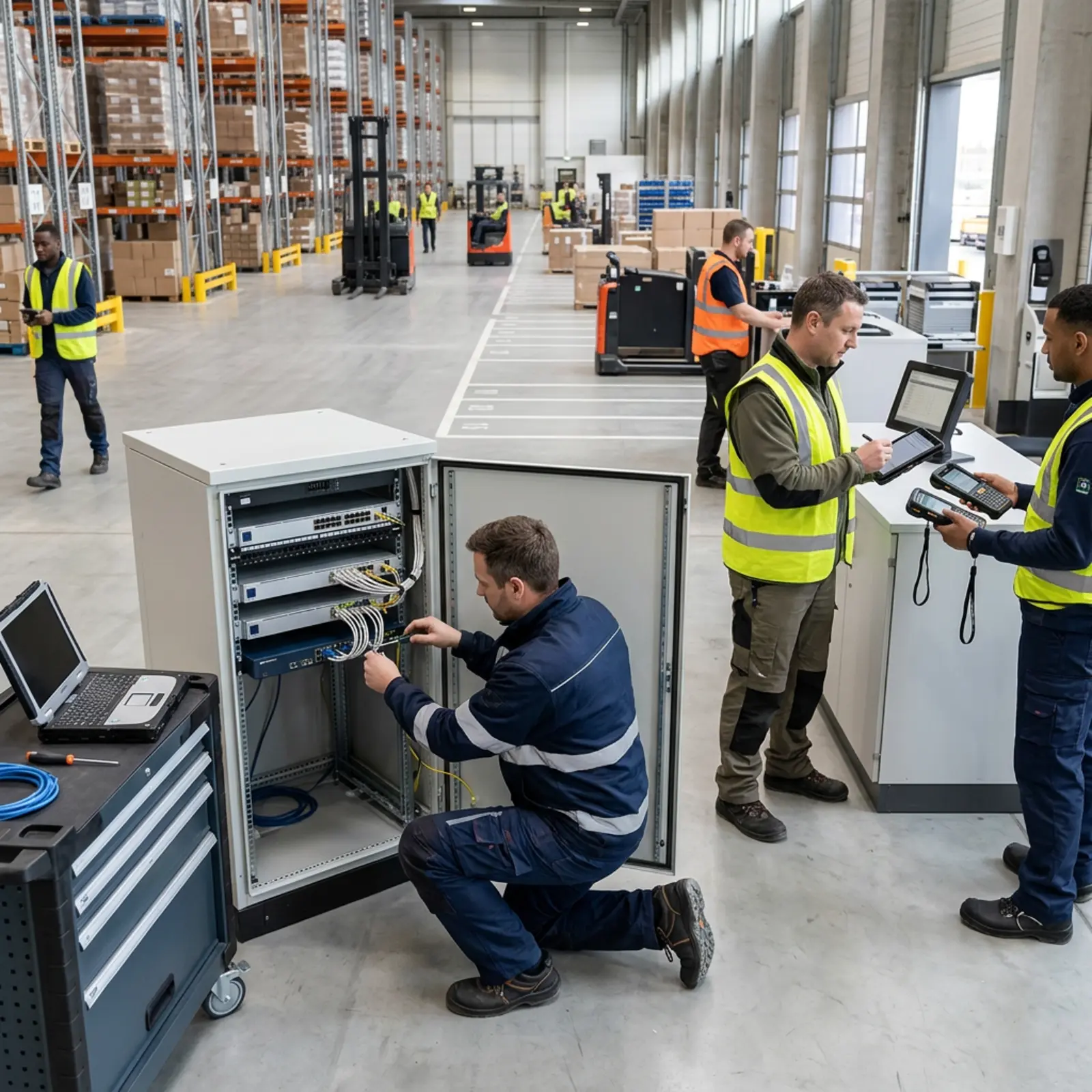 Techniker sichert Gateway-Schrank; autorisierte Lagermitarbeiter erhalten Zugangshandgeräte.