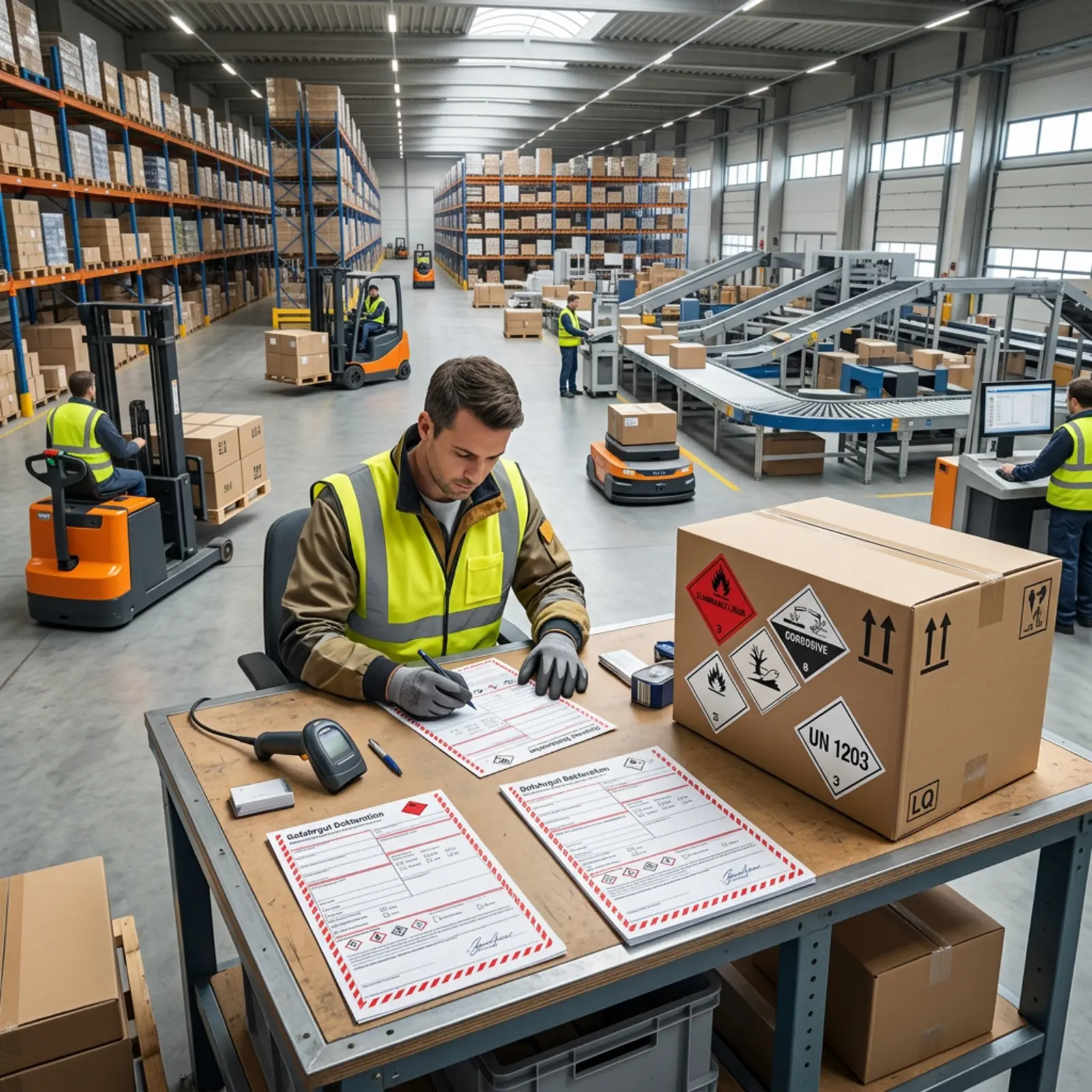 Logistikmitarbeiter füllt Gefahrgutformular aus, daneben etikettiertes Paket fürs Versandhandling