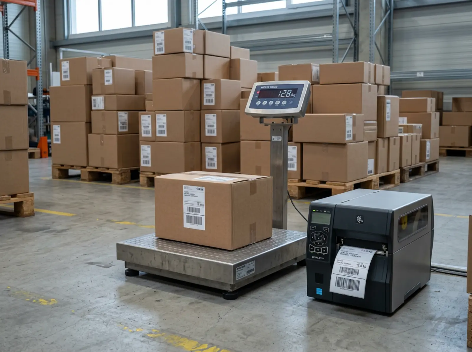 Paquete sobre una báscula en el almacén, se imprime el código de barras, cajas apilables, estilo técnico