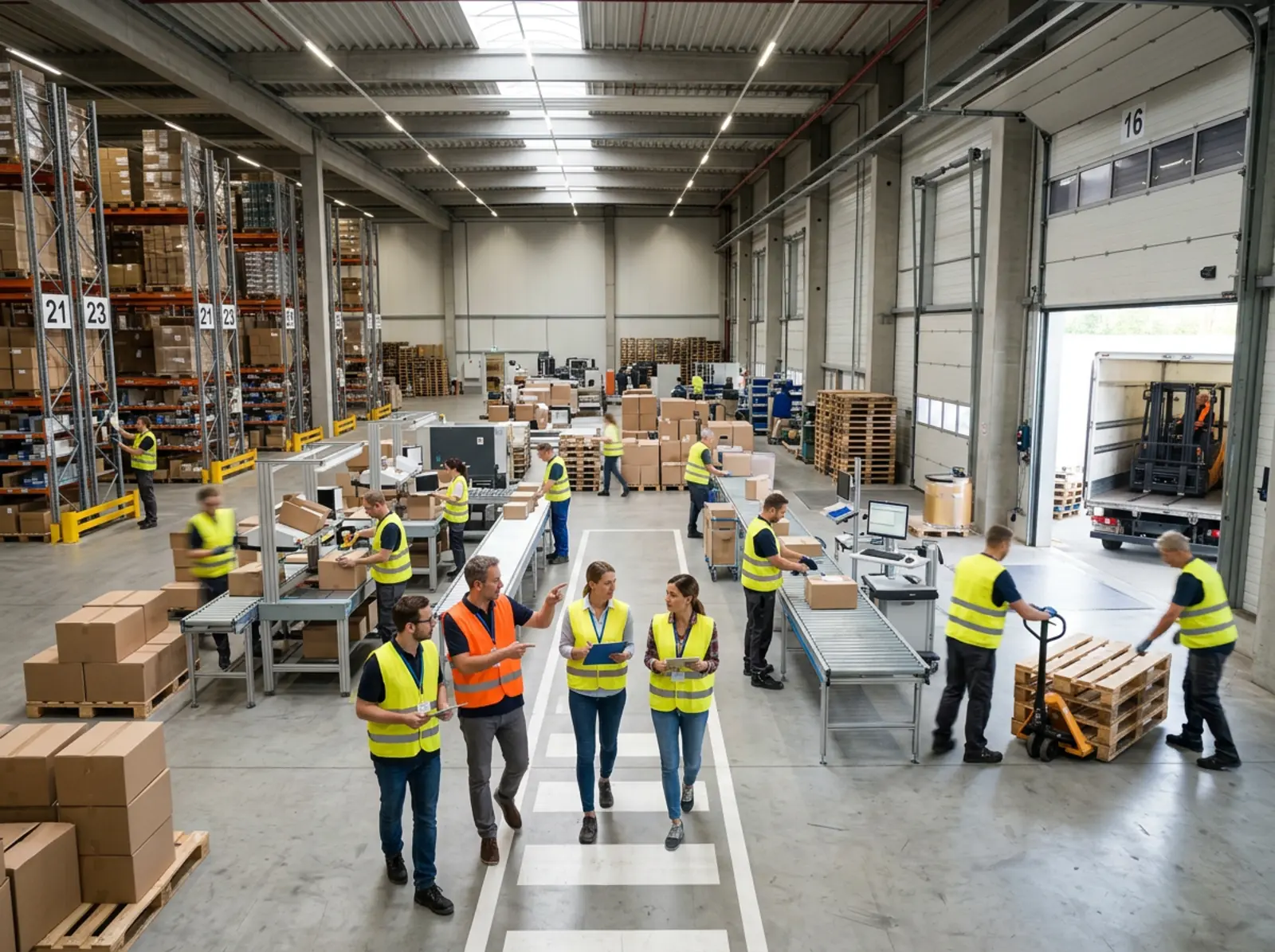 Une équipe pluridisciplinaire travaillant dans l'entrepôt supervise les opérations de préparation des commandes, d'emballage, de scan et de chargement.