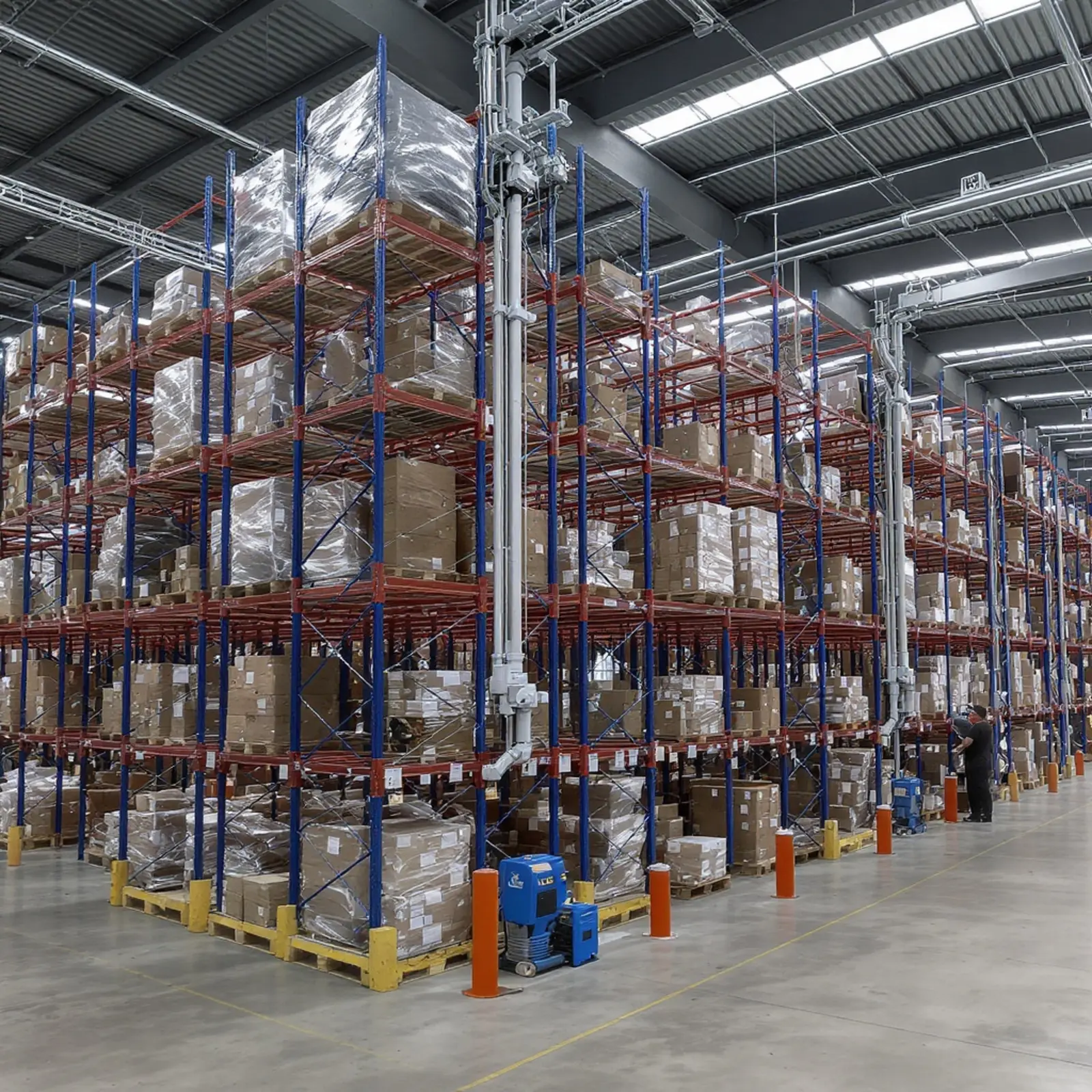 Modernes Hochregallager mit automatischen Regalen, Robotern, Fördertechnik, hellen Gängen.
