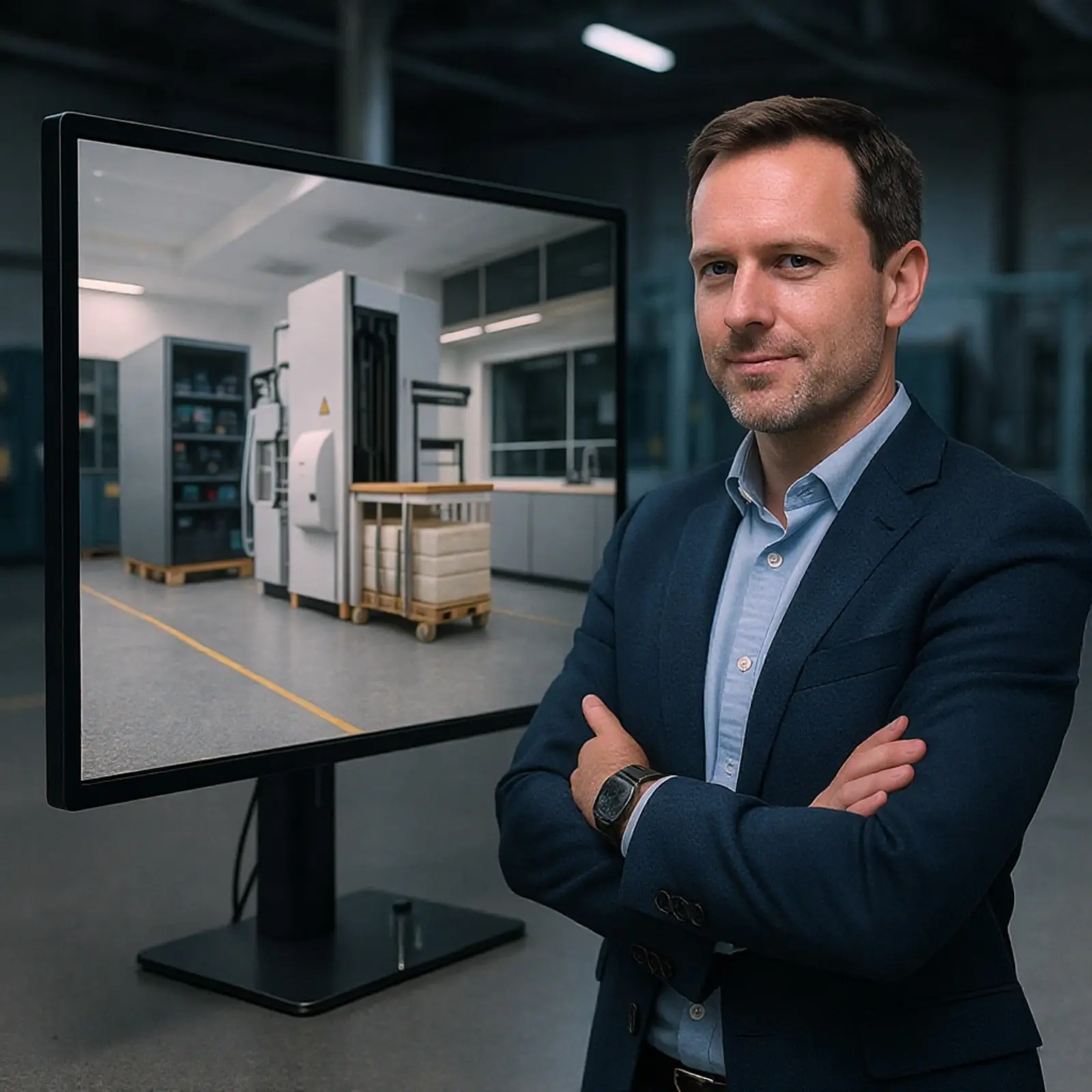 Image photoréaliste d'un entrepôt moderne ; un professionnel consulte des écrans en temps réel.