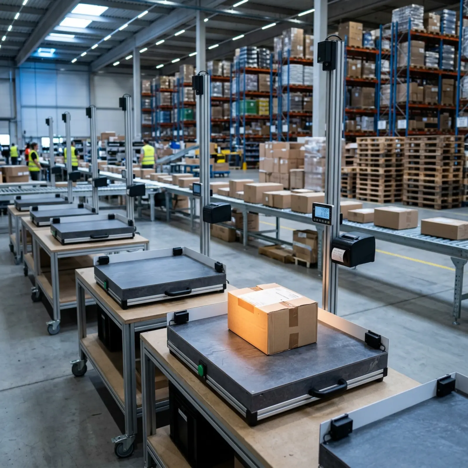 Industrial product photography at the logistics center; focused equipment, packages, cool blue.