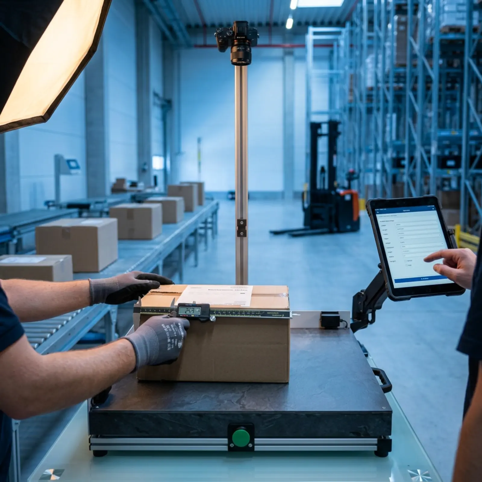 Measurement process at the packing table in the logistics center; the device measures length, width, height, and weight.