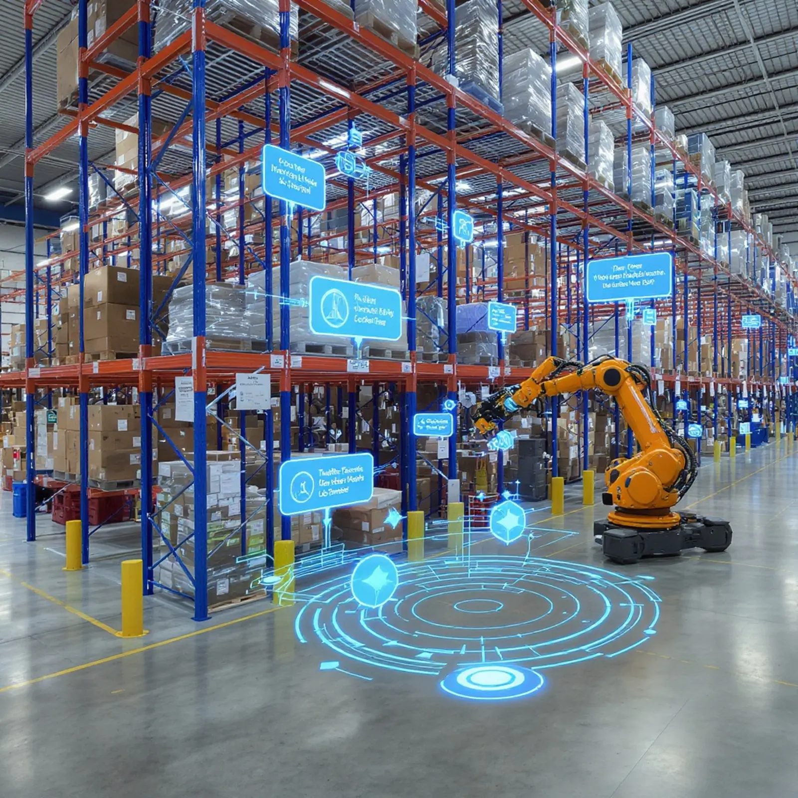 Entrepôt automatisé à rayonnages en hauteur équipé de robots, de convoyeurs et de capteurs IoT.
