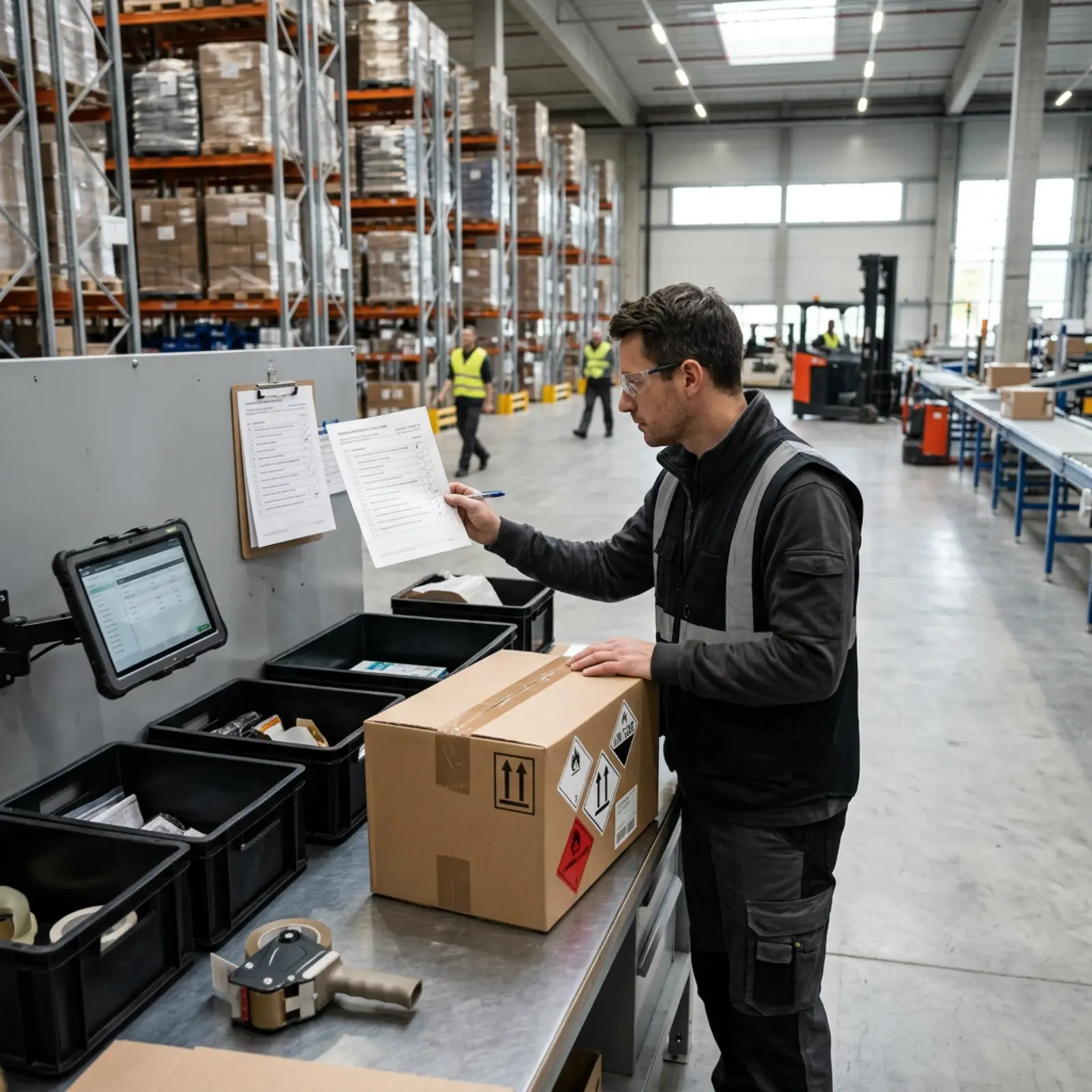Logistikarbeiter prüft Hazmat-Pappkarton und Etiketten am Versandplatz im Lager