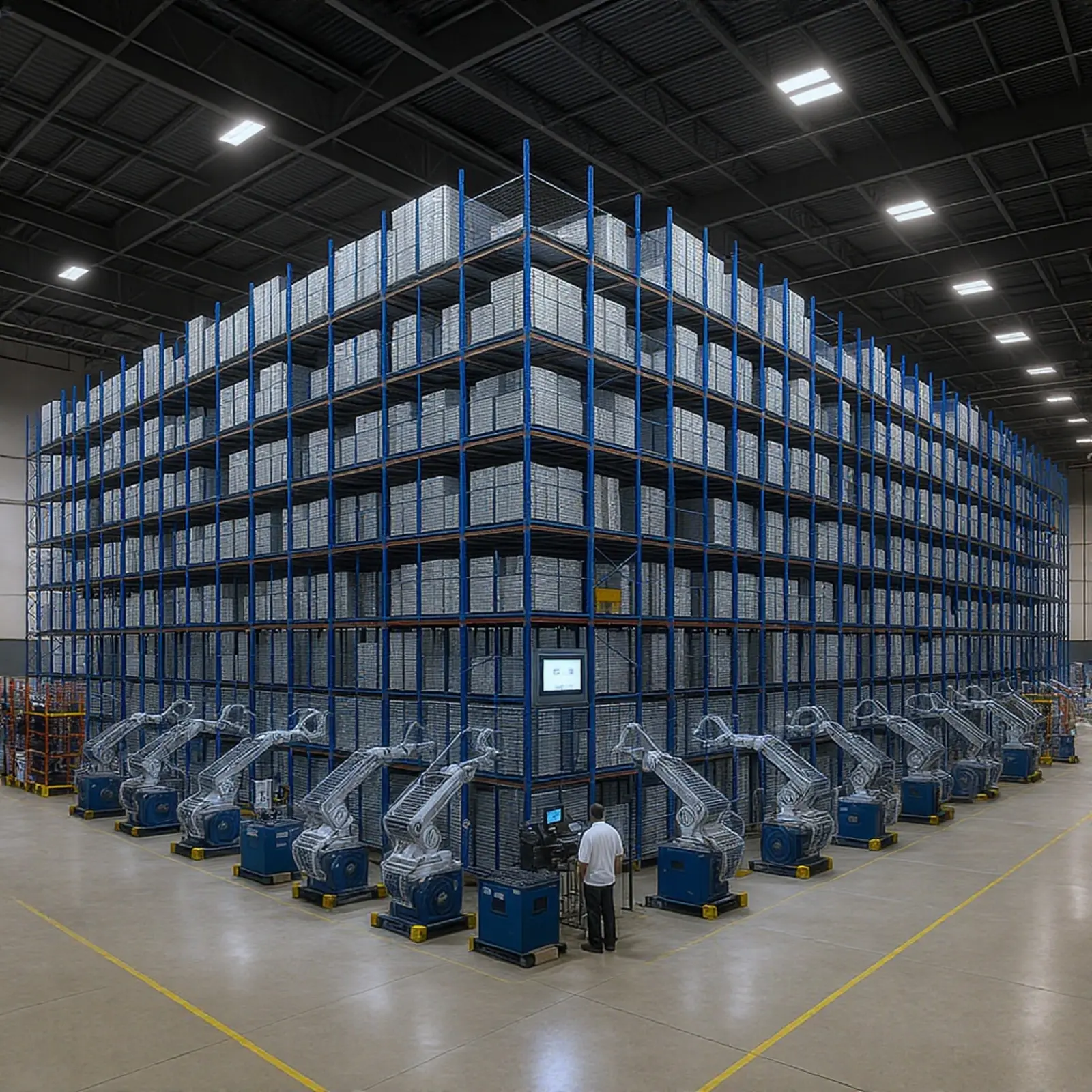Moderne Hochregallager mit automatischen Lagersystemen, Roboter-Shuttles und Arbeitern in Warnkleidung.