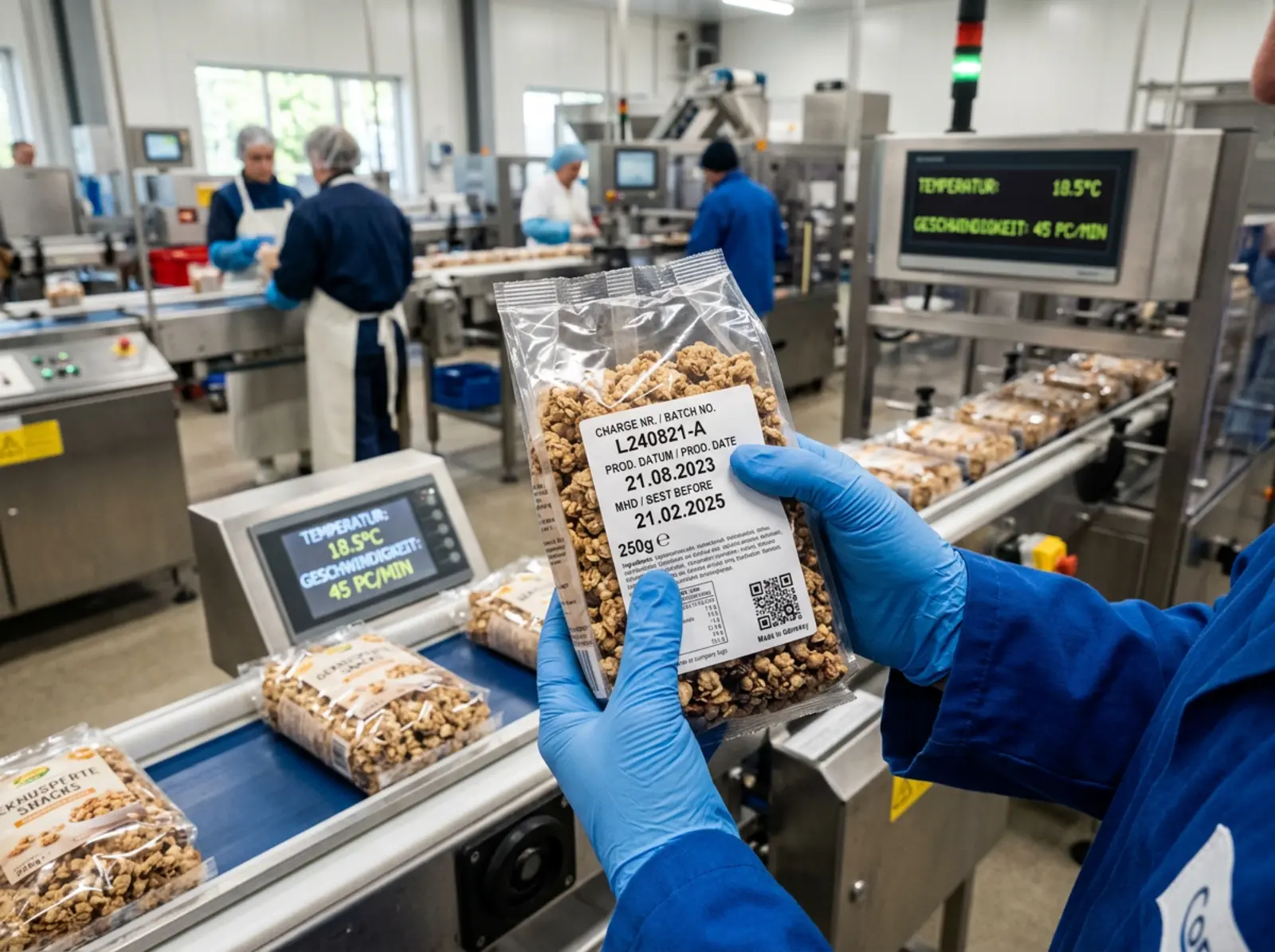 Nahaufnahme eines Produktlabels mit Chargennummer, geprüft vom Qualitätsinspektor im Lager