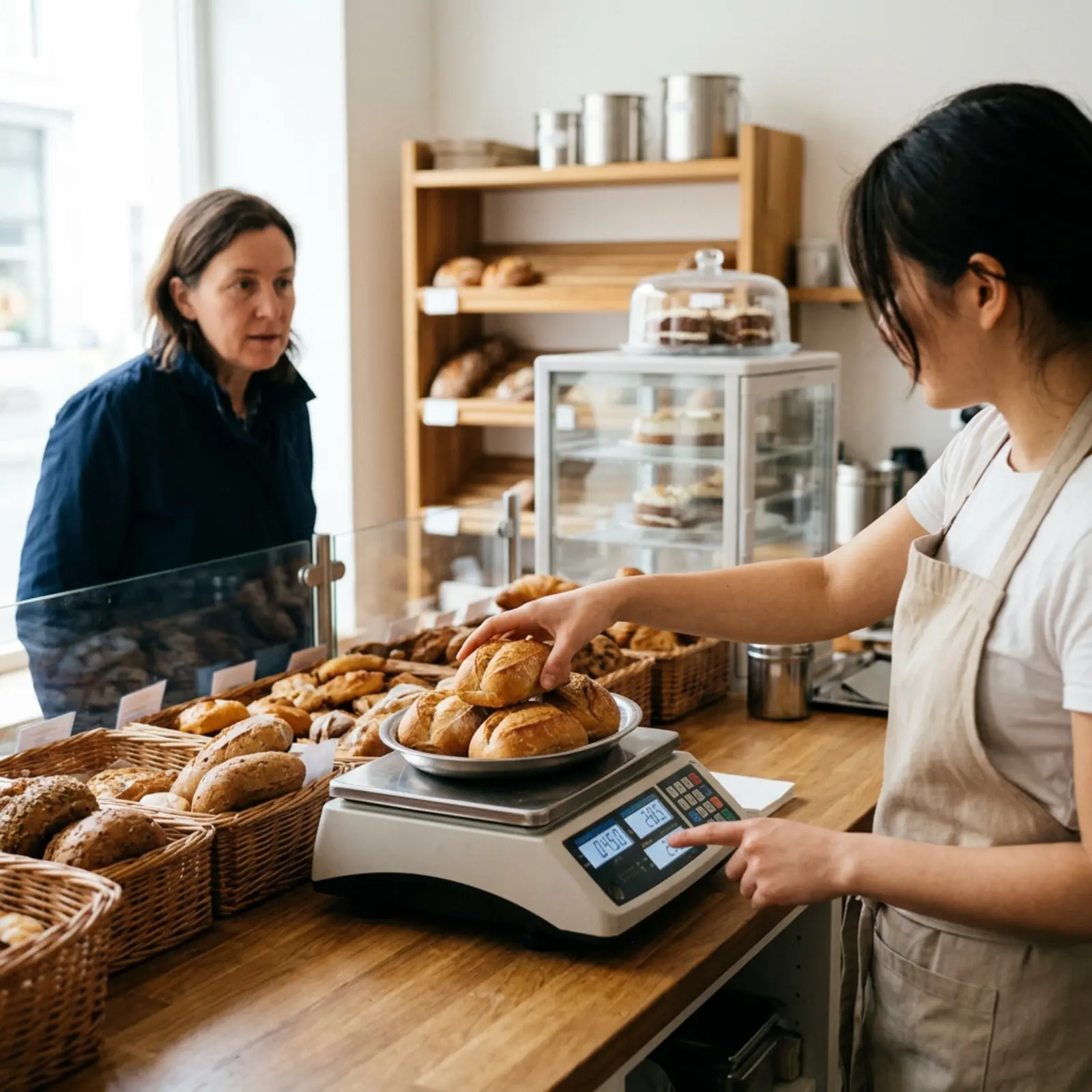 Bäckereimitarbeiter legt Brötchen auf eine Waage, während ein Kunde zusieht.