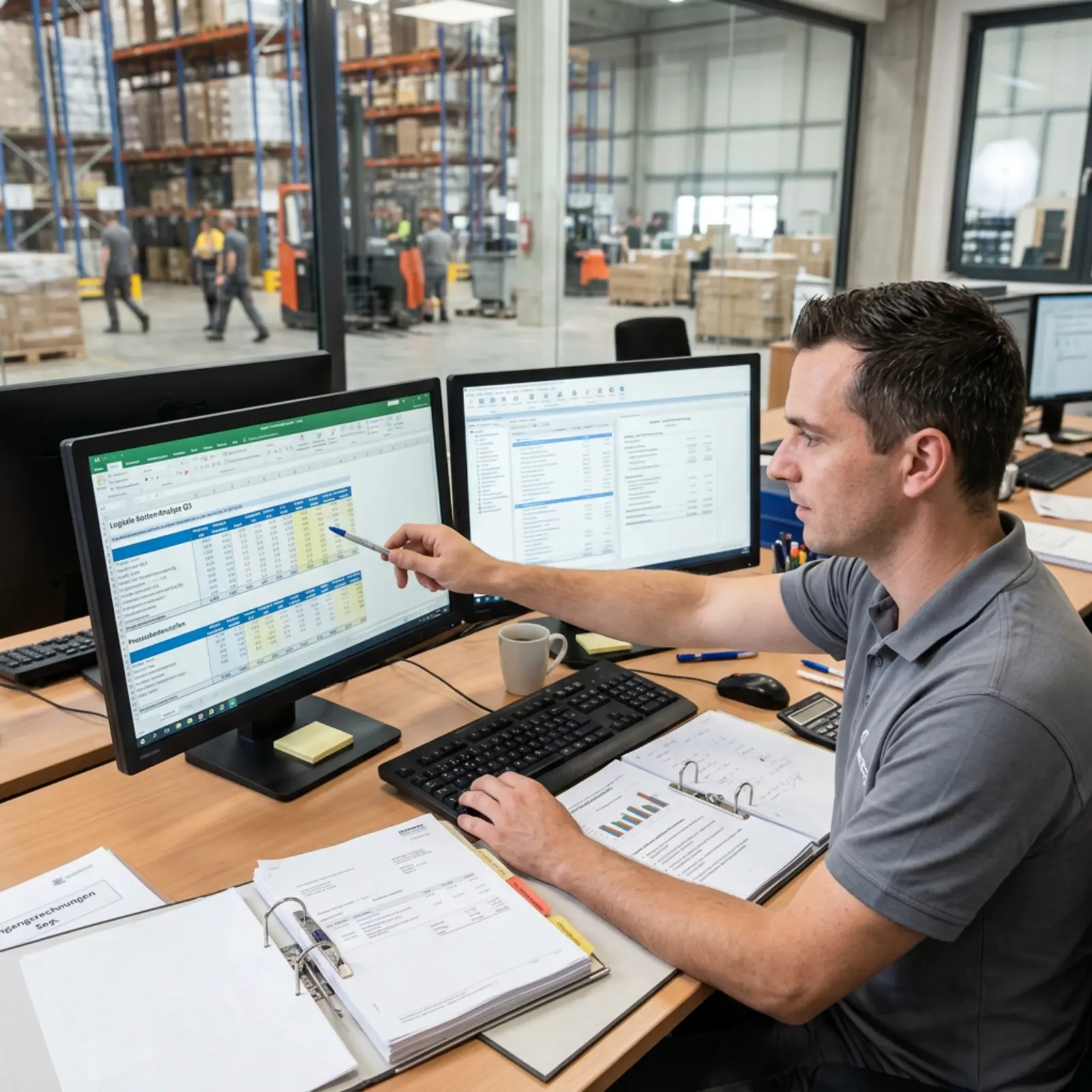 Un collaborateur du contrôle de gestion compare des rapports logistiques avec des documents comptables, le classeur ouvert.