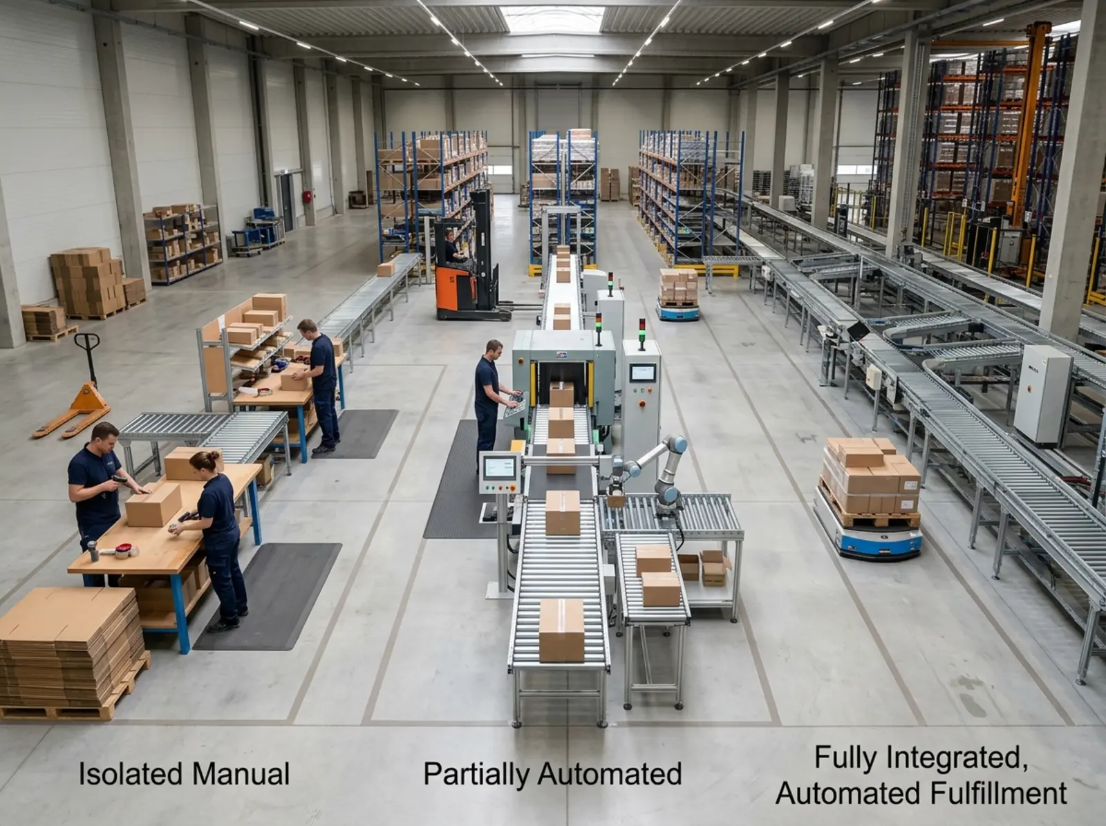 Timeline-Ansicht im Lager mit manuellen Stationen und später integrierter automatisierter Fulfillment-Linie