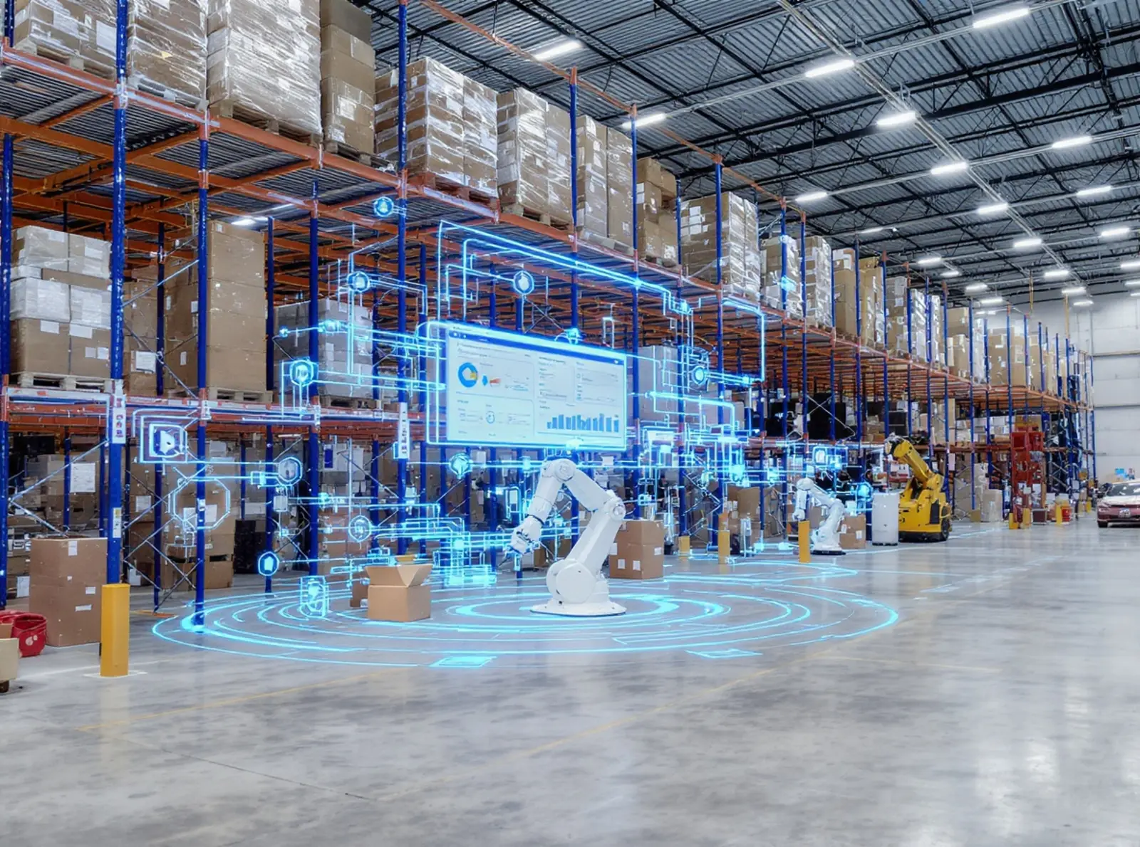 Entrepôt moderne à rayonnages en hauteur, doté de systèmes d'automatisation, de robotique, de tableaux de bord ERP-WMS et de capteurs IoT.