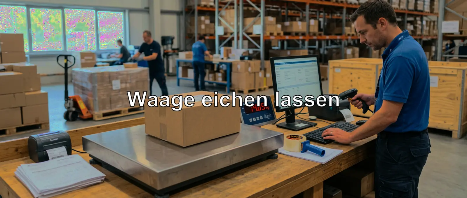 Un employé pose un colis sur une balance industrielle ; gros plan sur la plaque d'étalonnage.