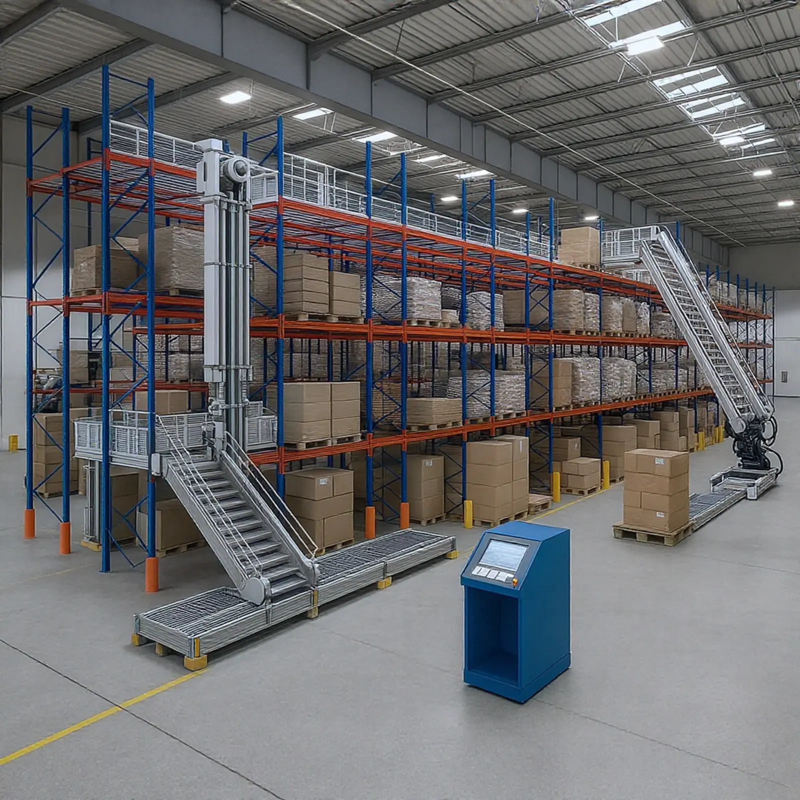 Entrepôt logistique automatisé doté d'allées étroites, de rayonnages à palettes, de navettes robotisées et d'écrans d'affichage.
