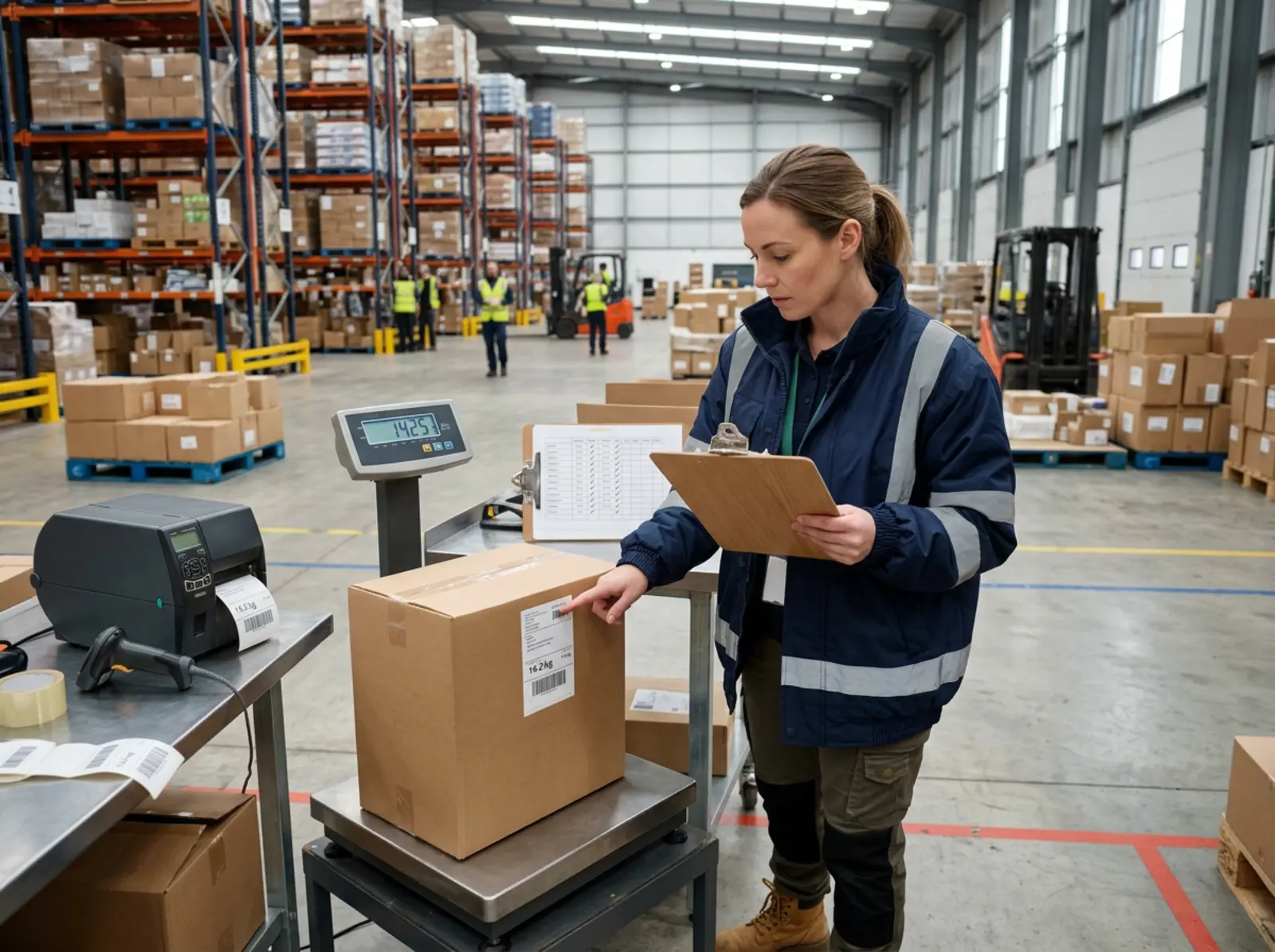 Logistikmitarbeiter prüft Versandlabel-Werte und vergleicht Gewichte an der Waage im Lager