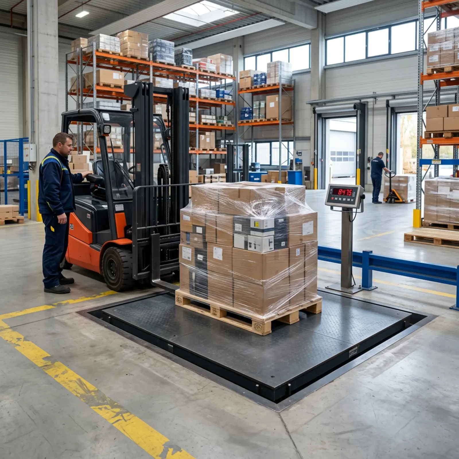 Une balance à plate-forme robuste installée dans la zone de réception des marchandises mesure des marchandises palettisées ; un chariot élévateur est visible à l'arrière-plan.