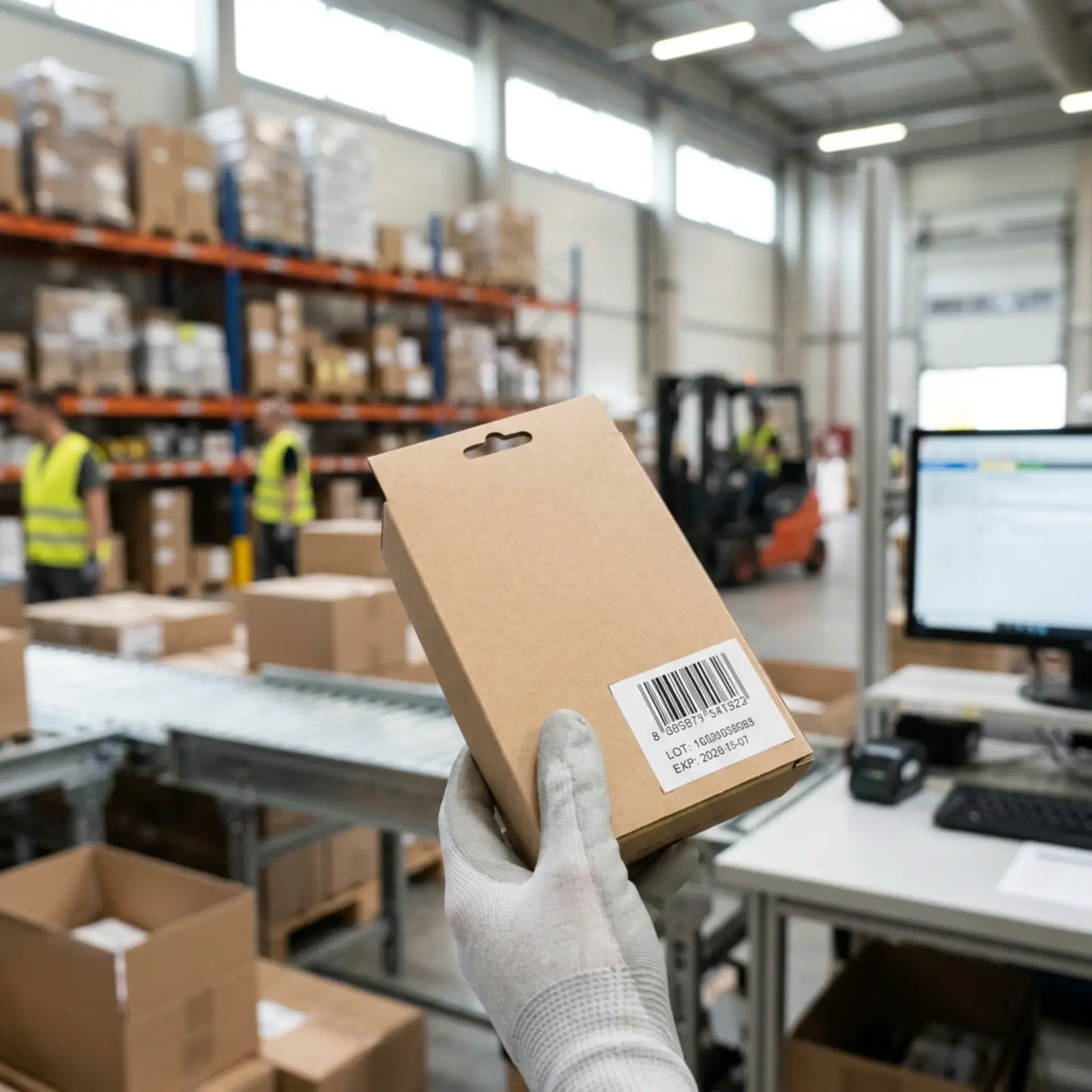 Hand hält Versandpaket mit scharfem Barcode, Lagerregale im Hintergrund unscharf, Tageslicht