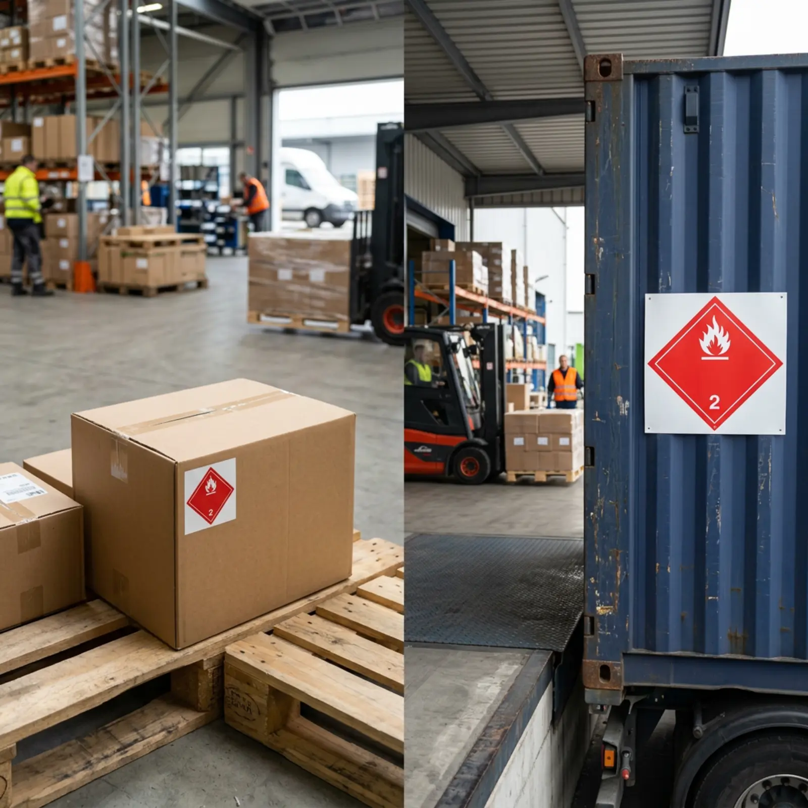 Klein-Diamant-Gefahrzettel auf Karton neben großer Wandplakette im Containerlager