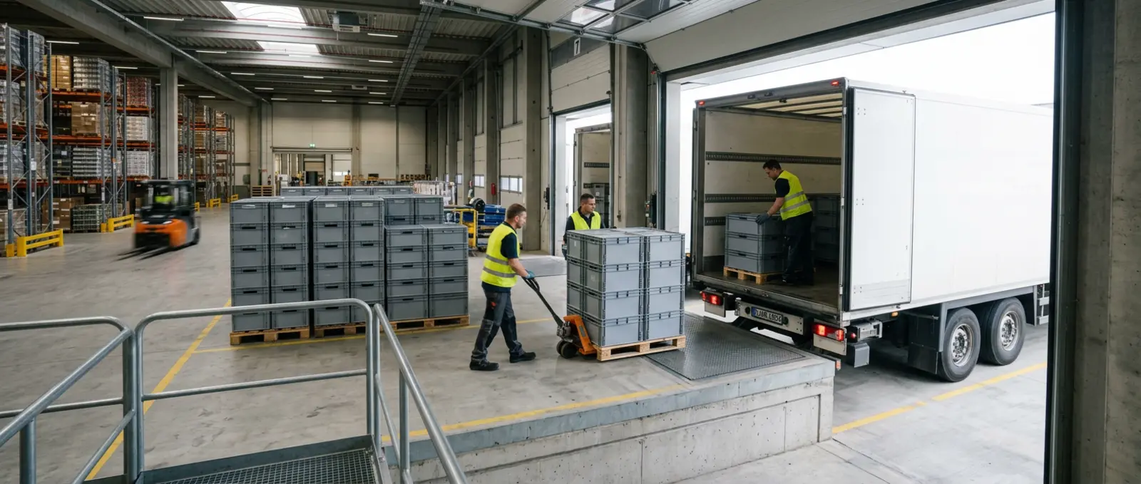 Mitarbeiter beladen Liefer-LKW im modernen Lager mit Euro-Paletten und Kunststoffkisten