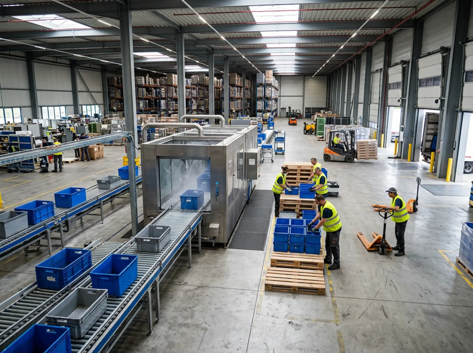 Fotorealistische Logistikaufnahme: Container auf Förderband, Waschanlage und Versandfläche im Lager