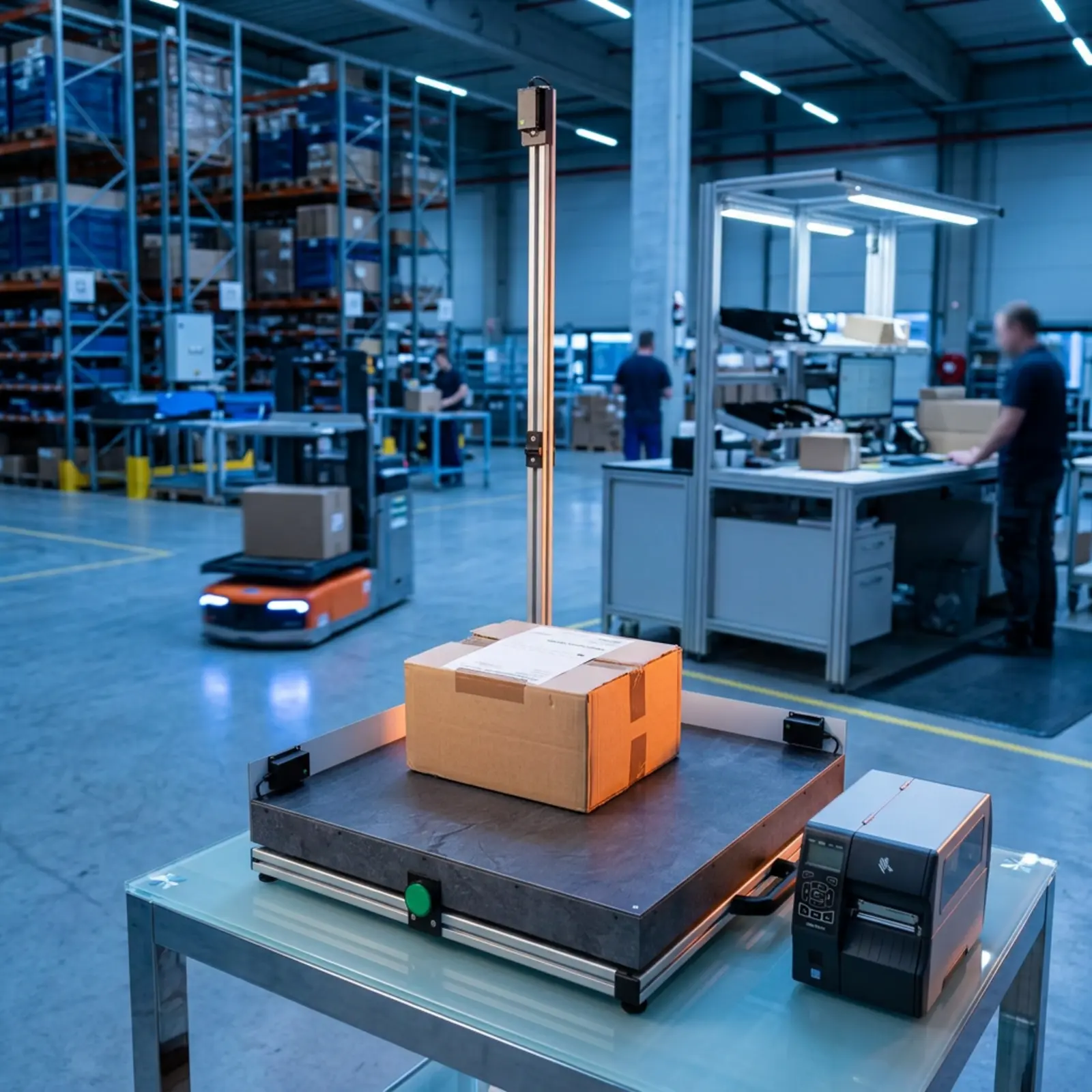 Industrial product photography at a logistics center: a package showing its dimensions and weight, in focus.